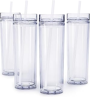 Maars Skinny Clear Tumbler with Lid and Straw | 16oz Premium Acrylic, Insulated Double Wall Plastic Reusable Water Cups, BPA-Free To Go Cups for Iced Coffee, Juice & Ice Tea