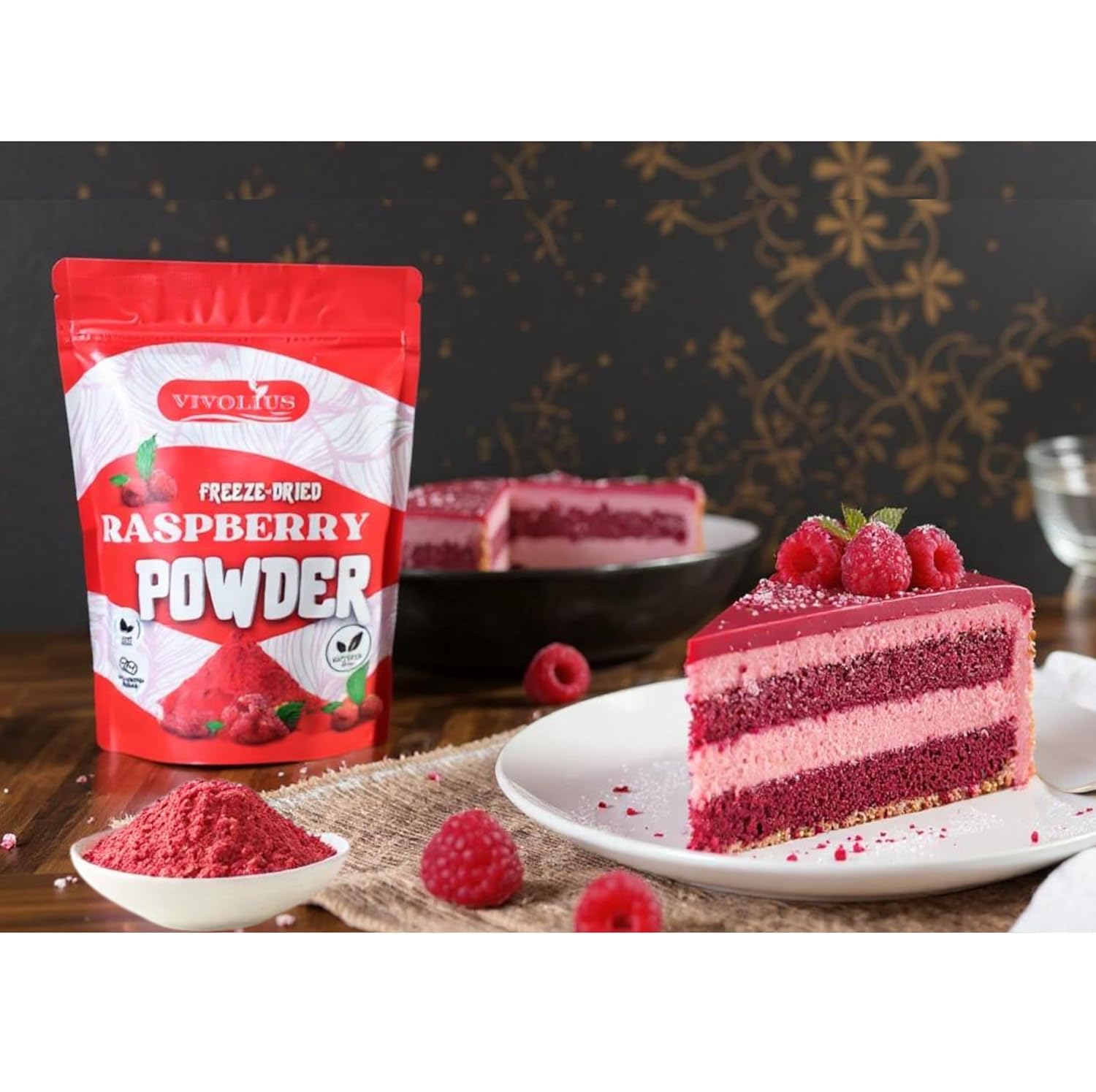 Raspberry Powder 8 Oz, Freeze Dried, Vivolius, No Sugar added, No additives, Natural Red Food Coloring.