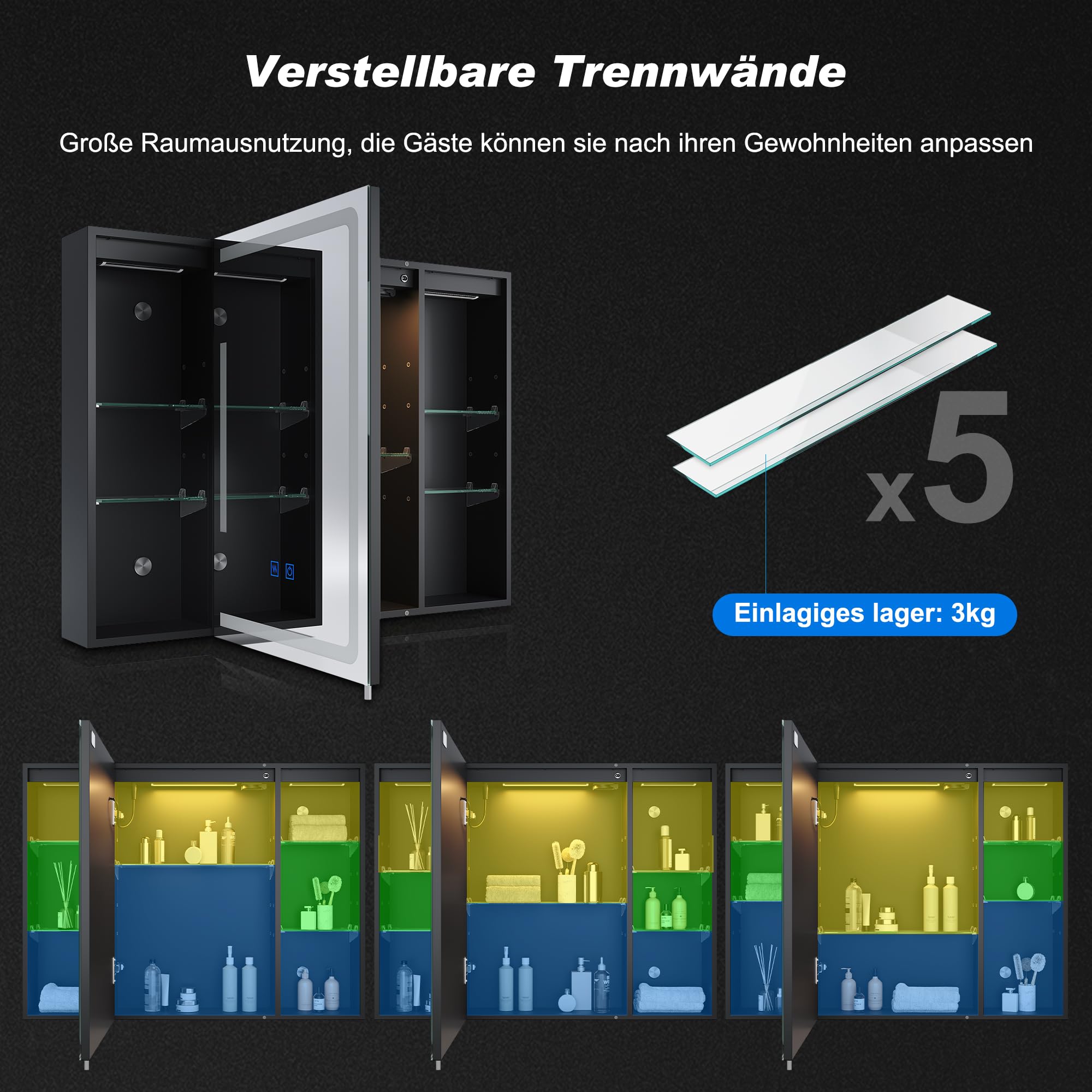SONNI Spiegelschrank Bad mit Beleuchtung und Lagerung 80 * 60 cm, LED Spiegelschrank mit Steckdose, Dimmbar, 3 Einstellbare Lichtfarben Beschlagfrei Badezimmer Wandschrank, Medizinschrank Mattschwarz