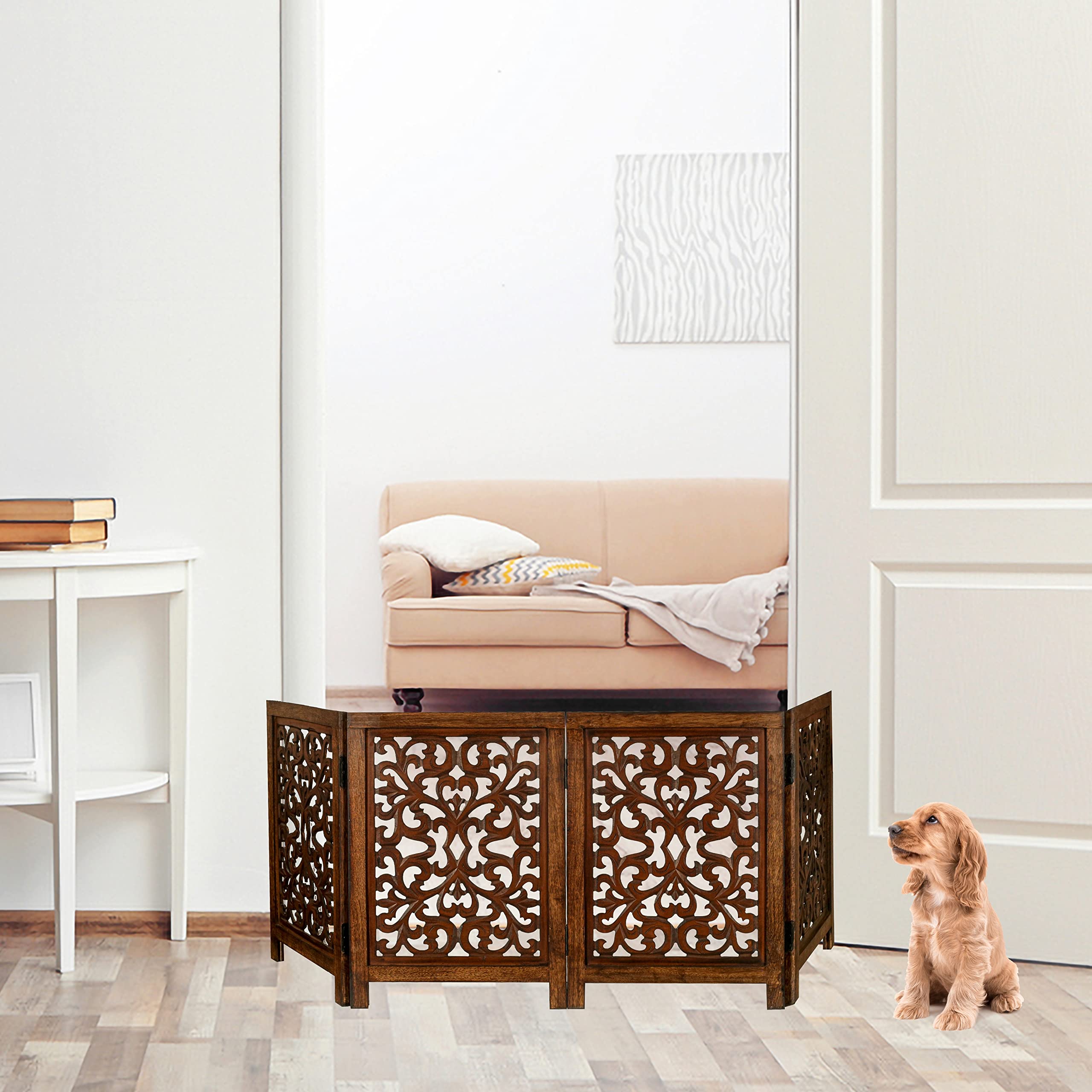 The Wooden Town Dog Door GateÂ Indoor, Dog Gates for Doorways, Dog GateÂ for Stairs, Pet Gates for The House, Leaf Cutwork Wooden Foldable Pet Dog Safety Gate, 24 x 18 with 4 Panels - Antique Brown