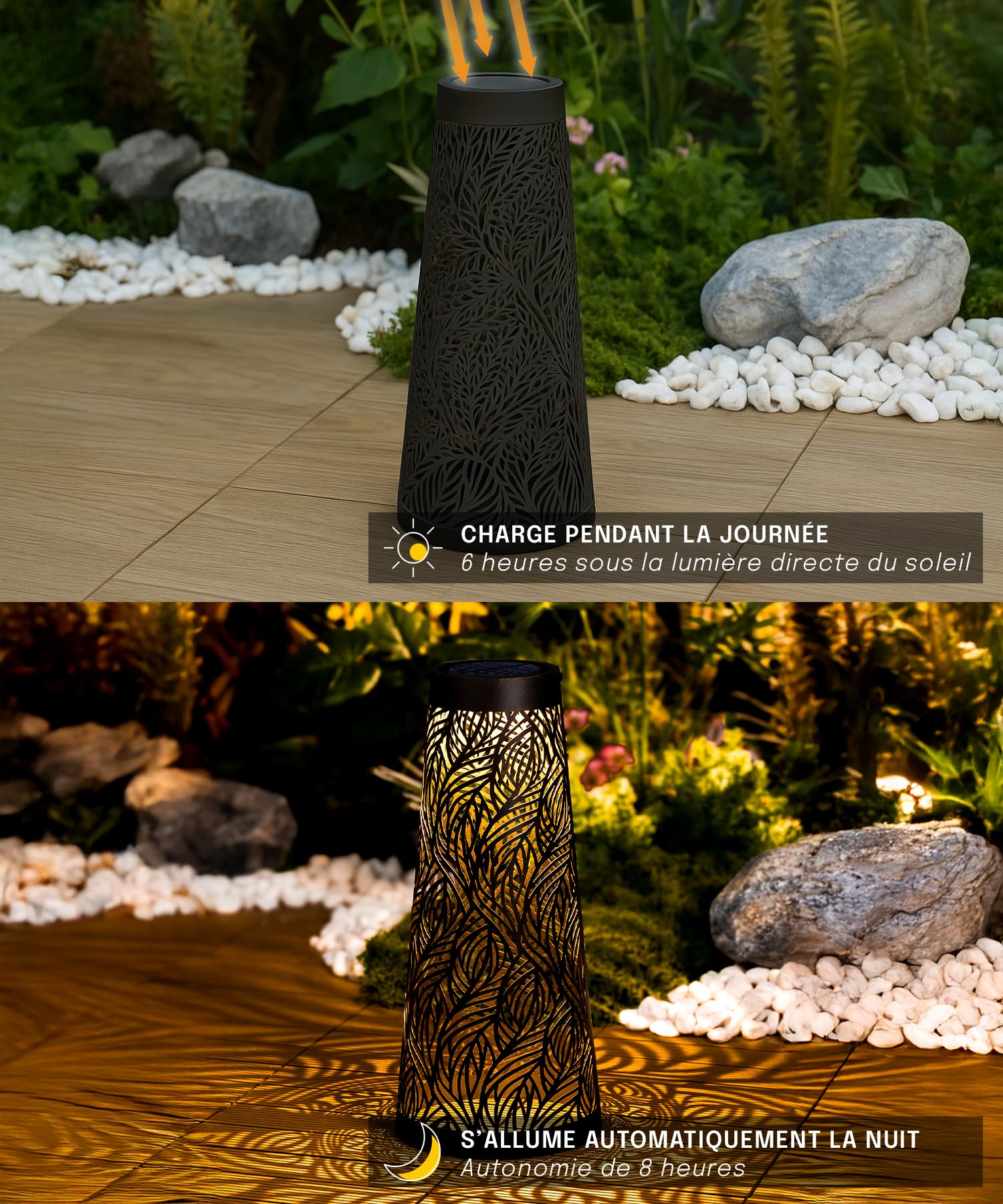 Borne Solaire LED Extérieur 150 Lumens - Éclairage Jardin Allée Terrasse - 5 Designs - Motif Lumineux Projeté - Recharge Solaire et USB - Autonome Sans Câblage (Conique (65 CM))