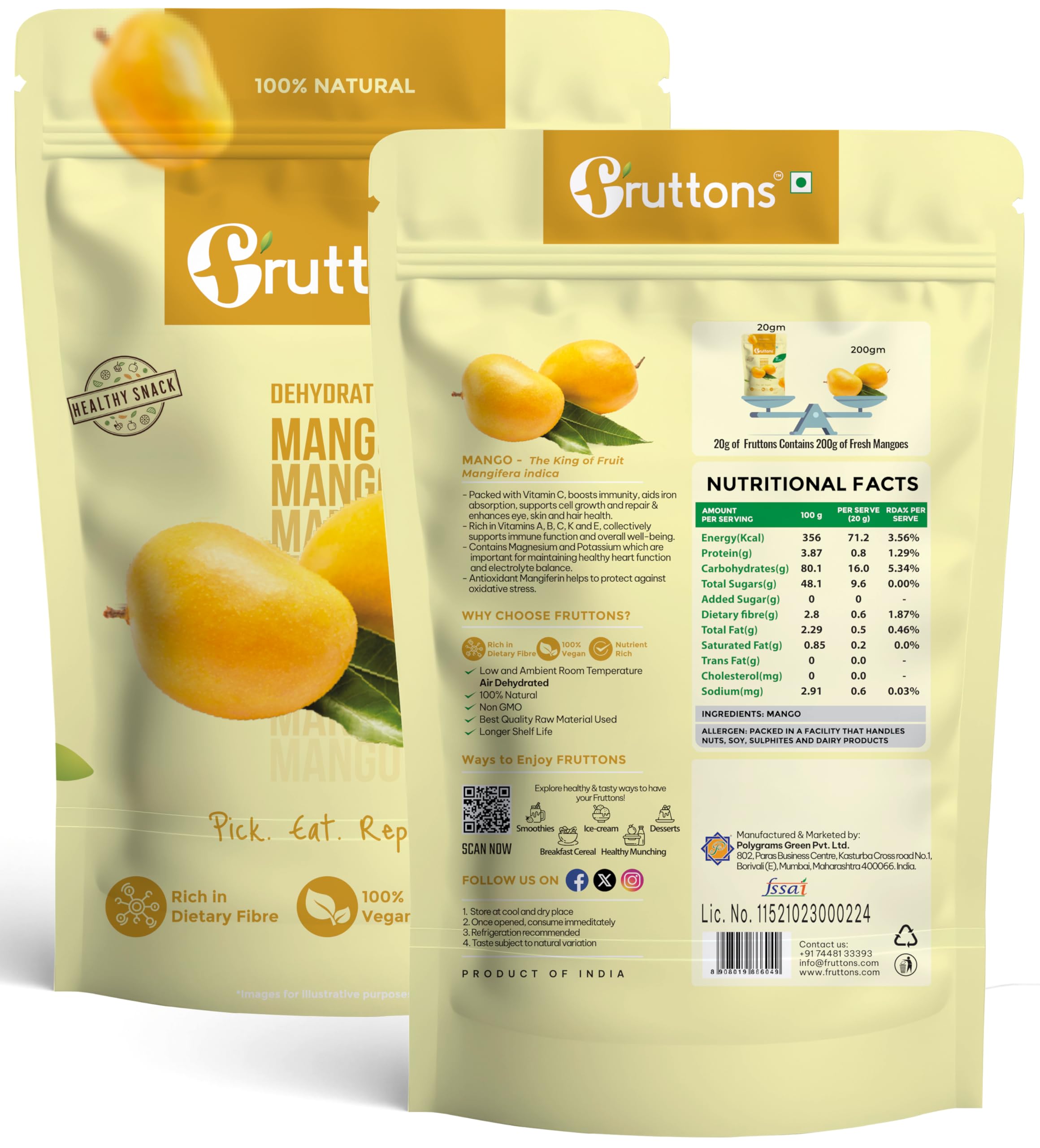 Fruttons Dehydrated Mango | No Added Sugar | Preservative Free | Natural Dried Mango Fruit | Healthy Vegan Snack | 50g Pack of 2 - Image 3 thumbnail