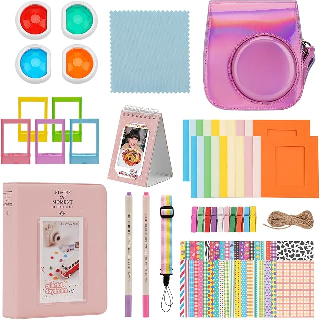 Minahao Mini 11 Camera Accessories Set Compatible with Instax Mini 11 Instant Camera - Include:Camera Case, Photo albums, stickers, photo frames, filters, rainbow straps, etc. (Laser pink)
