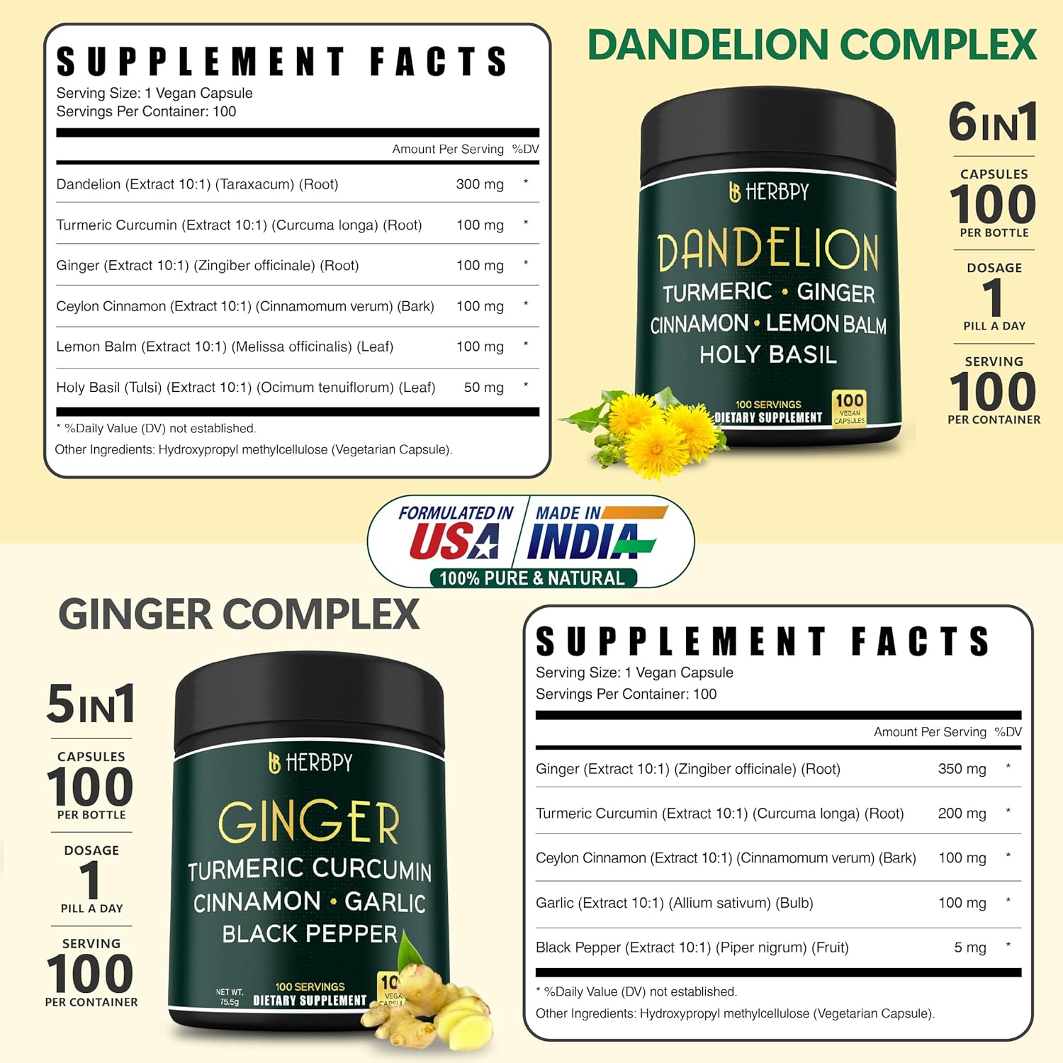 Herbpy Bundle 6in1 Dandelion Supplement & 5in1 Ginger Supplement
