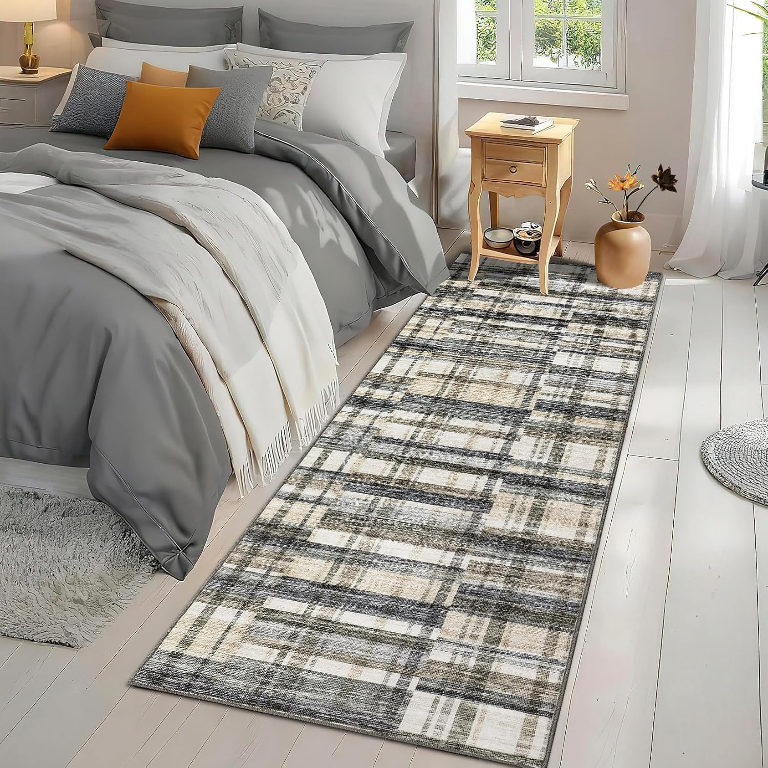 GarveeHome 2x6 Washable Rugs for Bedroom Bedside Distressed Modern Plaid Rug for Entryway Living Room Non Slip Neutral Office Carpet Stain Resistant Farmhouse Floor Cover Grey Blue and Beige