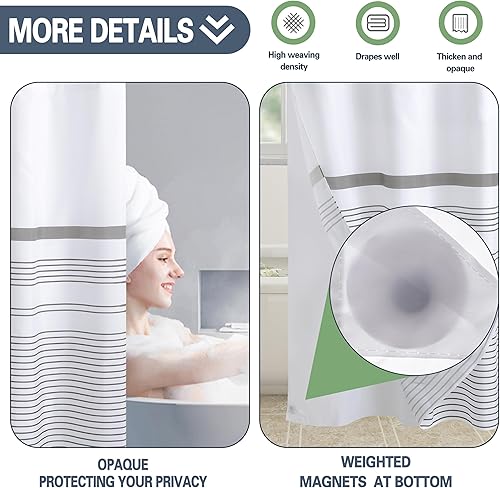 Miniatura 7 de KONZENT Cortina de ducha bohemia gris y blanca, cortina de ducha de tela de hotel a rayas grises, lavable a máquina con forro extraíble para baño,