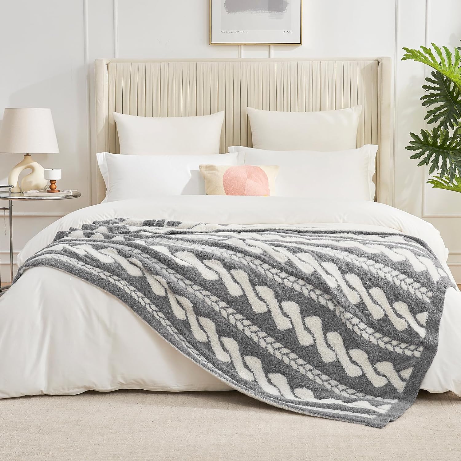 Amélie Home Cable Knit Throw Blanket for Couch, Super Soft Fuzzy Cozy Throw, Giftable Knitted Blanket for Women Men, Birthday, Sofa Bed Living Room Decor, 50" x 60", Cable Grey & White - Image 9