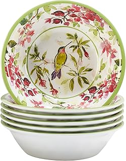 Hummingbirds Melamine 7.5" All Purpose Bowls, Set of 6 – Vibrant Floral Design, Lightweight, Shatter-Resistant, Dishwasher Safe, Nature-Inspired Tableware for Outdoor Dining and Everyday Use
