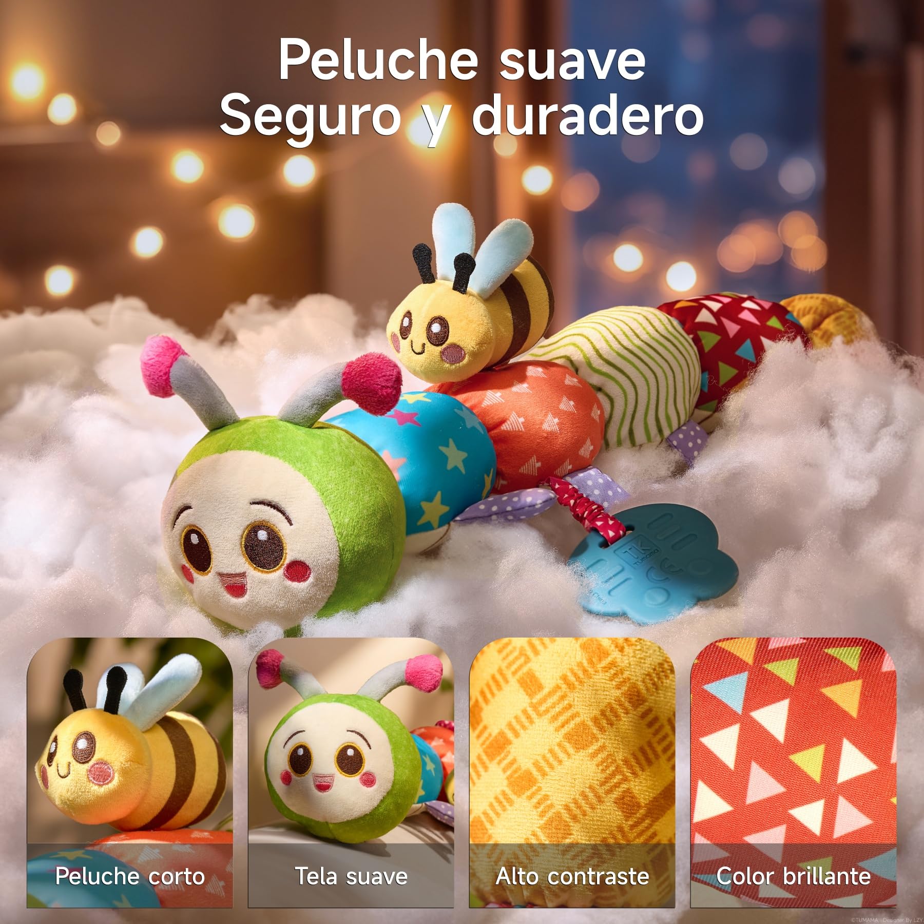 TUMAMA KIDS Juguetes para Bebé 0 3 6 Meses Juguete Oruga, Juguete Sensorial Montessori, Juguete para Bebé Niña Tummy Time, Juguete de Peluche con Sonajero，Anillo para la Dentición, Papel Arrugado