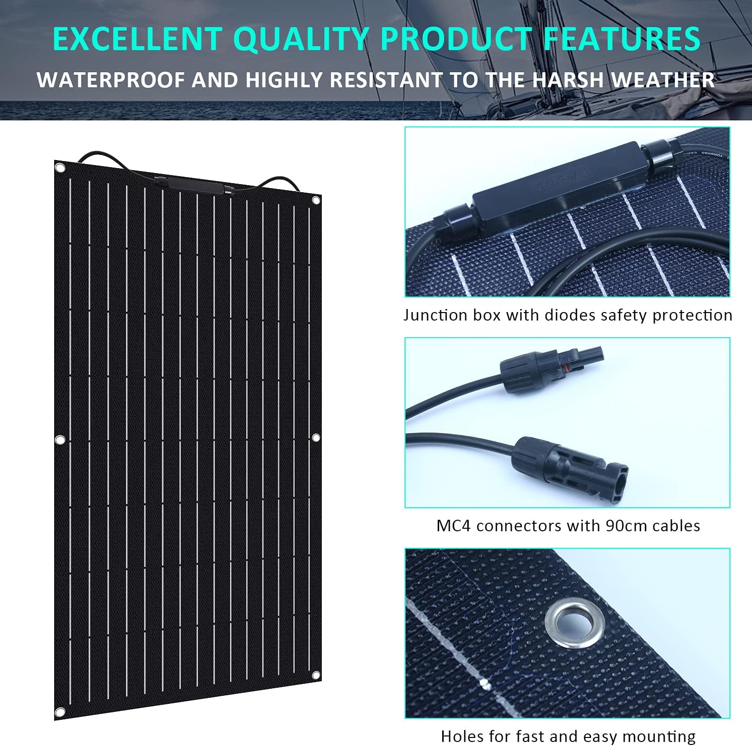 100w 12v ETFE Flexible Monocrystalline Solar Panel Module with Connector Charger Off-Grid for RV Boat Cabin Van Car Uneven Surfaces