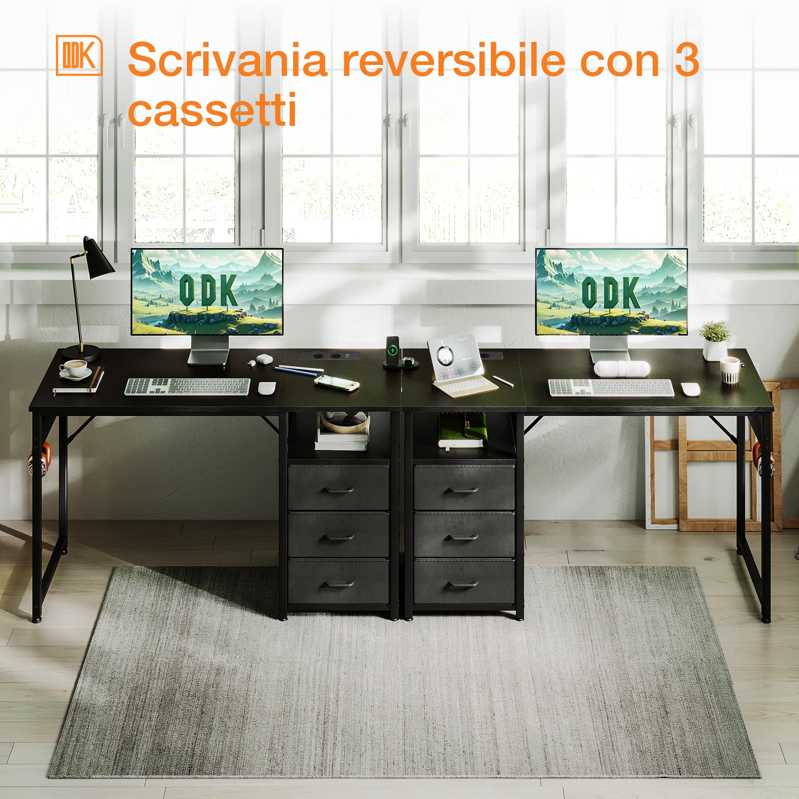 ODK Scrivania con 3 Cassetti, 120x48x75,5 cm Scrivania per Ufficio con 2 Prese di Corrente e Prese USB, Scrivanie PC Reversibili Scrittoio Scrivanie per Computer Domestico, bureau, Nero