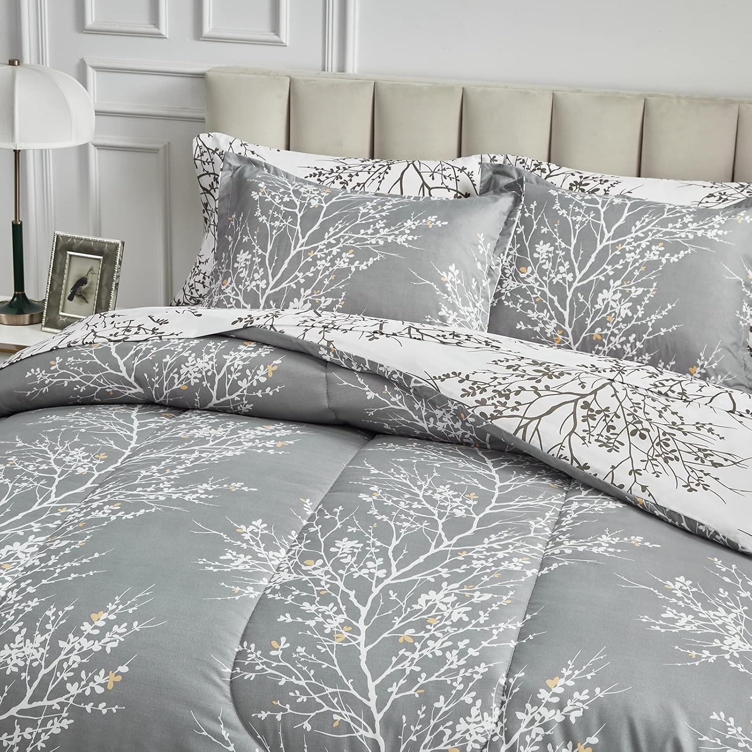 UOZZI BEDDING Bed in a Bag 7 Pieces Queen Size Gray Branches with Yellow Dots - Soft Microfiber Reversible Bed Comforter Set (1 Comforter 2 Pillow Shams 1 Flat Sheet 1 Fitted Sheet 2 Pillowcases)