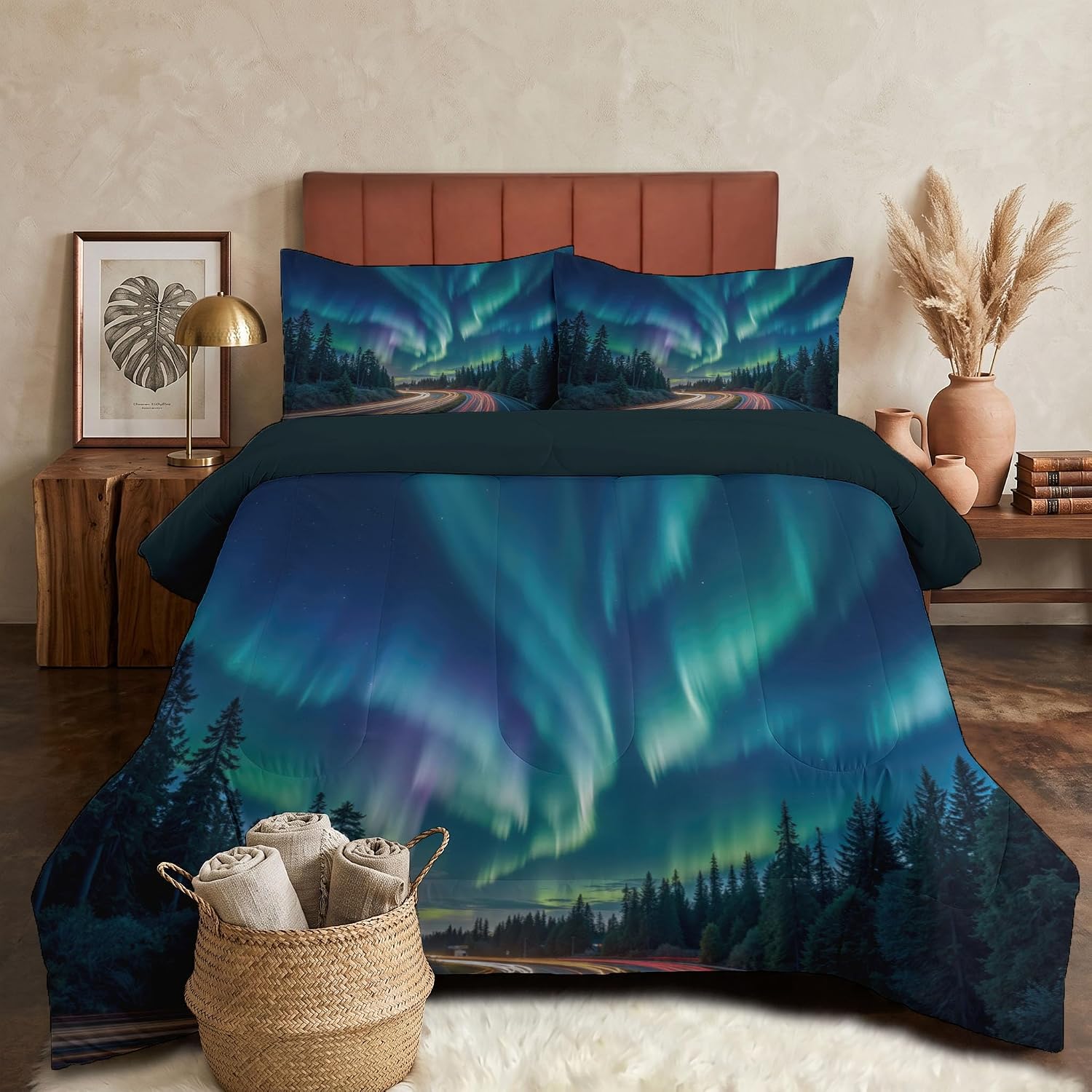 Fantasy Landscape Comforter Set Full Size, Aurora Pine Forest Bedding Set for Girls Boys, Willow Green Quilt Bed 79"X90" Bedding Comforter Sets with 2 Pillowcase Room Decor