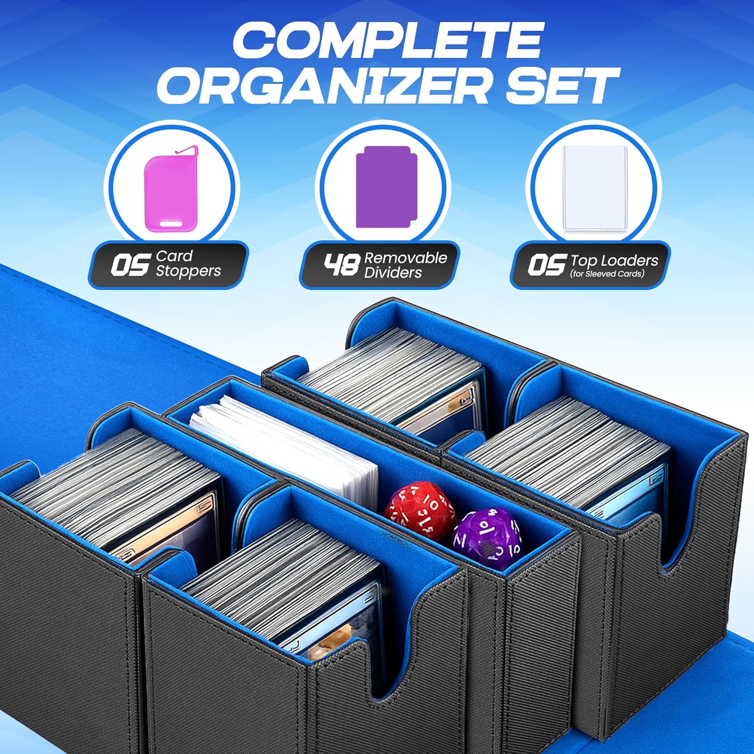 NOVA 5 in 1 MTG Deck Box Commander Case - MTG Deck Box with Secure Magnetic Closure, Dice Tray & Card Dividers - 400+ Double-Sleeved Card Storage, Travel Ready Case [Black and Blue]