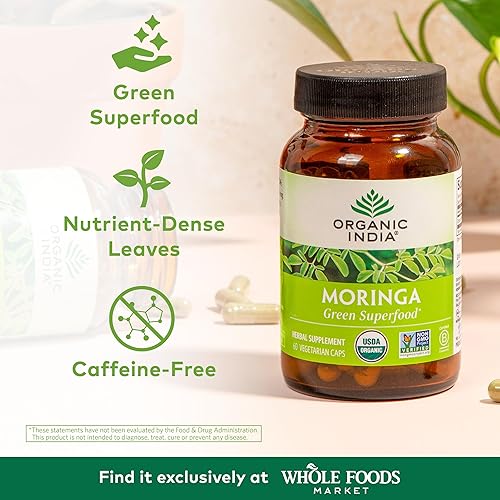 Miniatura 2 de ORGANIC INDIA Cápsulas de Moringa Orgánicas - Suplemento de Hoja de Moringa, Superalimento Verde, Superverde Puro, Superalimentos Veganos