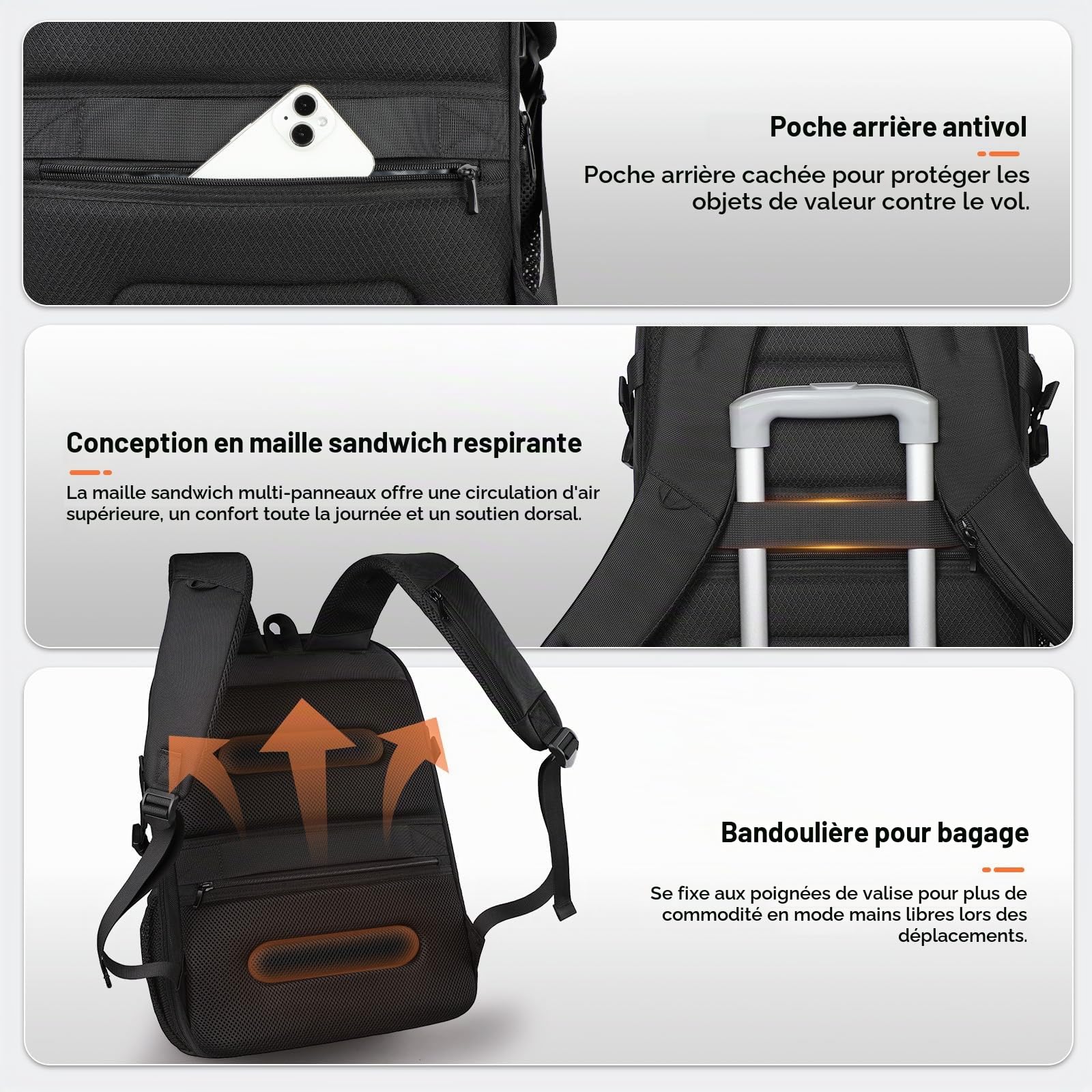 Sac à Dos Voyage Extensible pour 17,3 Pouces Homme et Femme, Grand 50L