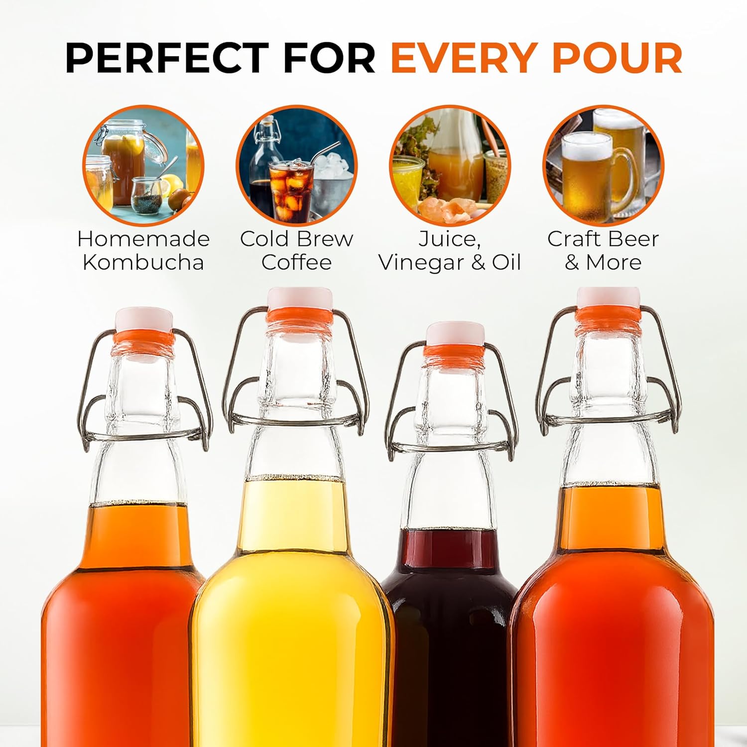 Bellemain Swing Top Glass Water Bottles – Reusable Clear Glass for Juice, Oil, Kombucha, liquor, Beer or Kefir – Airtight Flip Top Bottles for Kitchen & Brewing – Set of 4 (16oz)