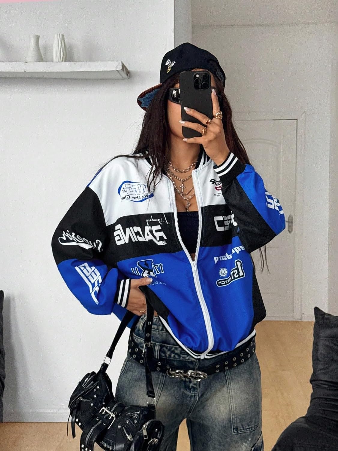 Verdusa Women's Graphic Motorcycle Racing Bomber Jacket Streetwear Zip Up Outerwear Y2k Fall Jackets