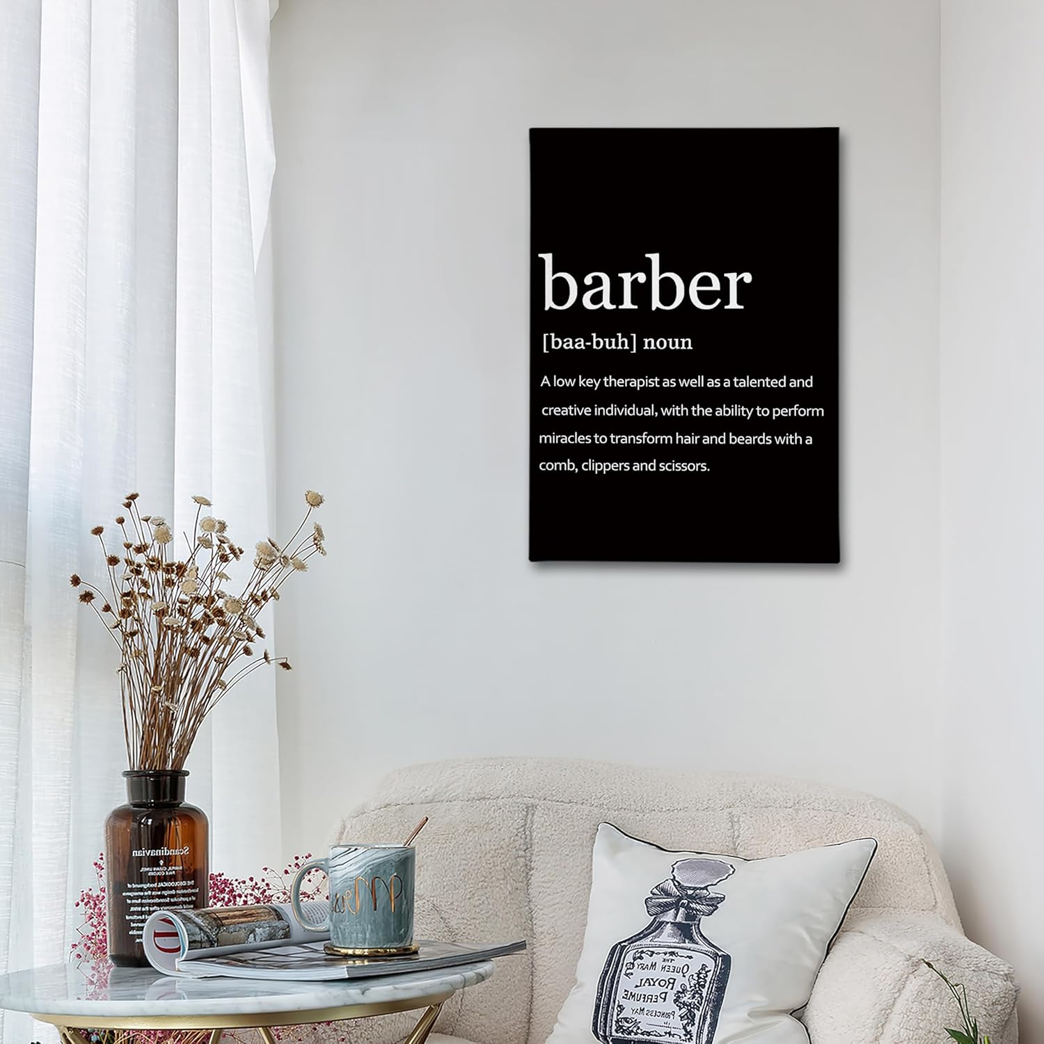 PHAMTE Barber Definition Wall Art, Modern Minimalist Barber Quote Print Framed Canvas Painting Artwork For Home Bedroom Office Living Room Salon Barbershop Decor(16x24 Inch)