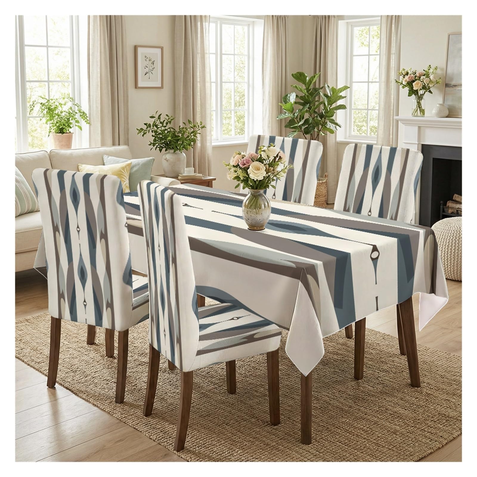 KXUAUV Stretch Dining Chair Slipcover & Tablecloth Set, Cream Base Blue Brown Abstract Geometric Print, 5/7 Pack, Modern Minimalist Neutral Home Decor Party Decor(5pcs Set: Tablecloth+Chair Covers)