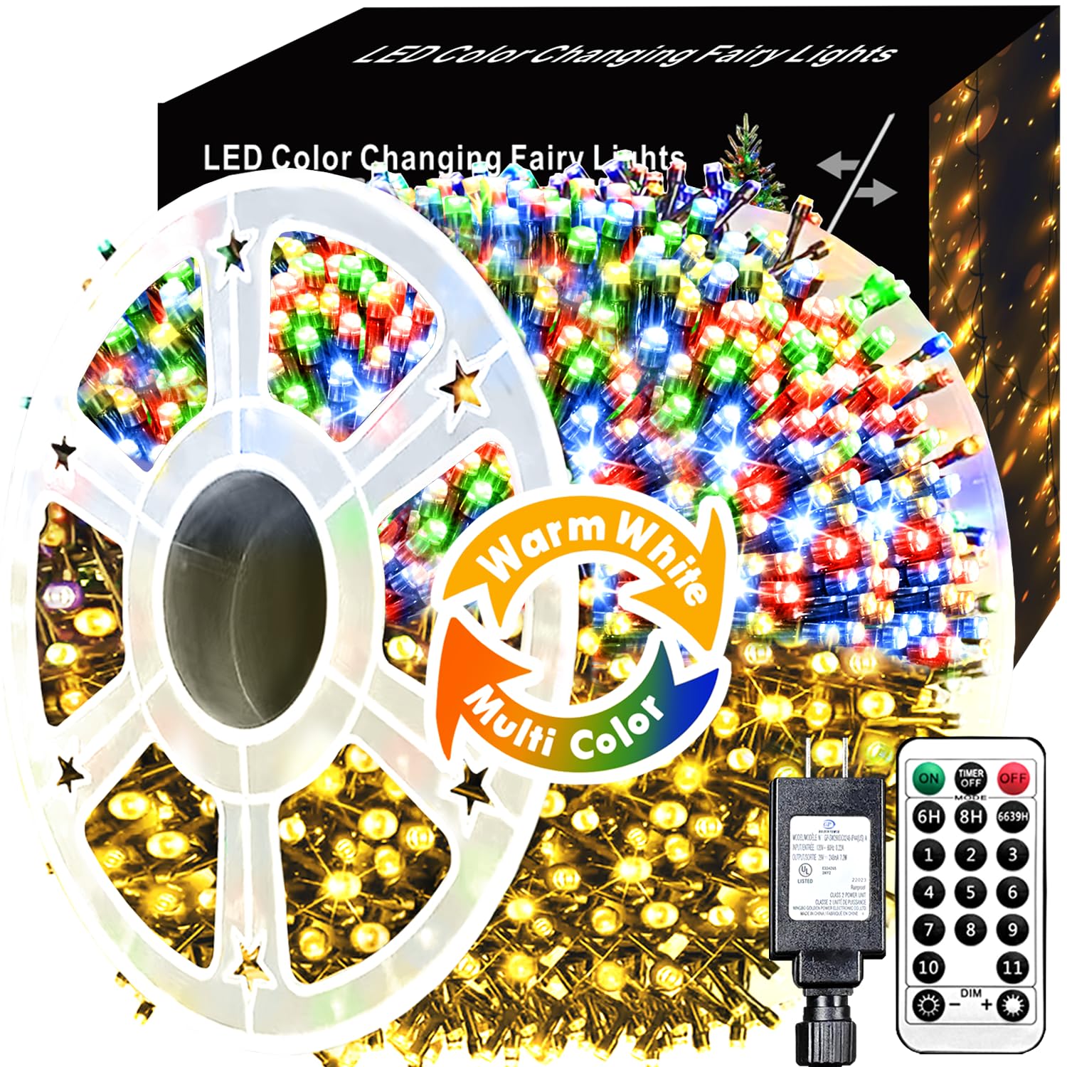 Voolex Luces Navidad Exterior 60M 600 LED, Guirnalda Luces Cadena de Luz Regulable, Blanco Cálido y Colores 11 Modos Luces de Árbol Navidad con Control Remoto Temporizador Decoración Casa Fiesta