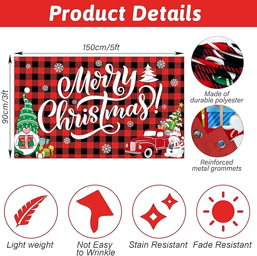 Miniatura 3 de Bandera de Feliz Navidad de 3 x 5 pies para decoración de patio y pancarta de búfalo rojo a cuadros de búfalo rojo, decoración al aire libre,