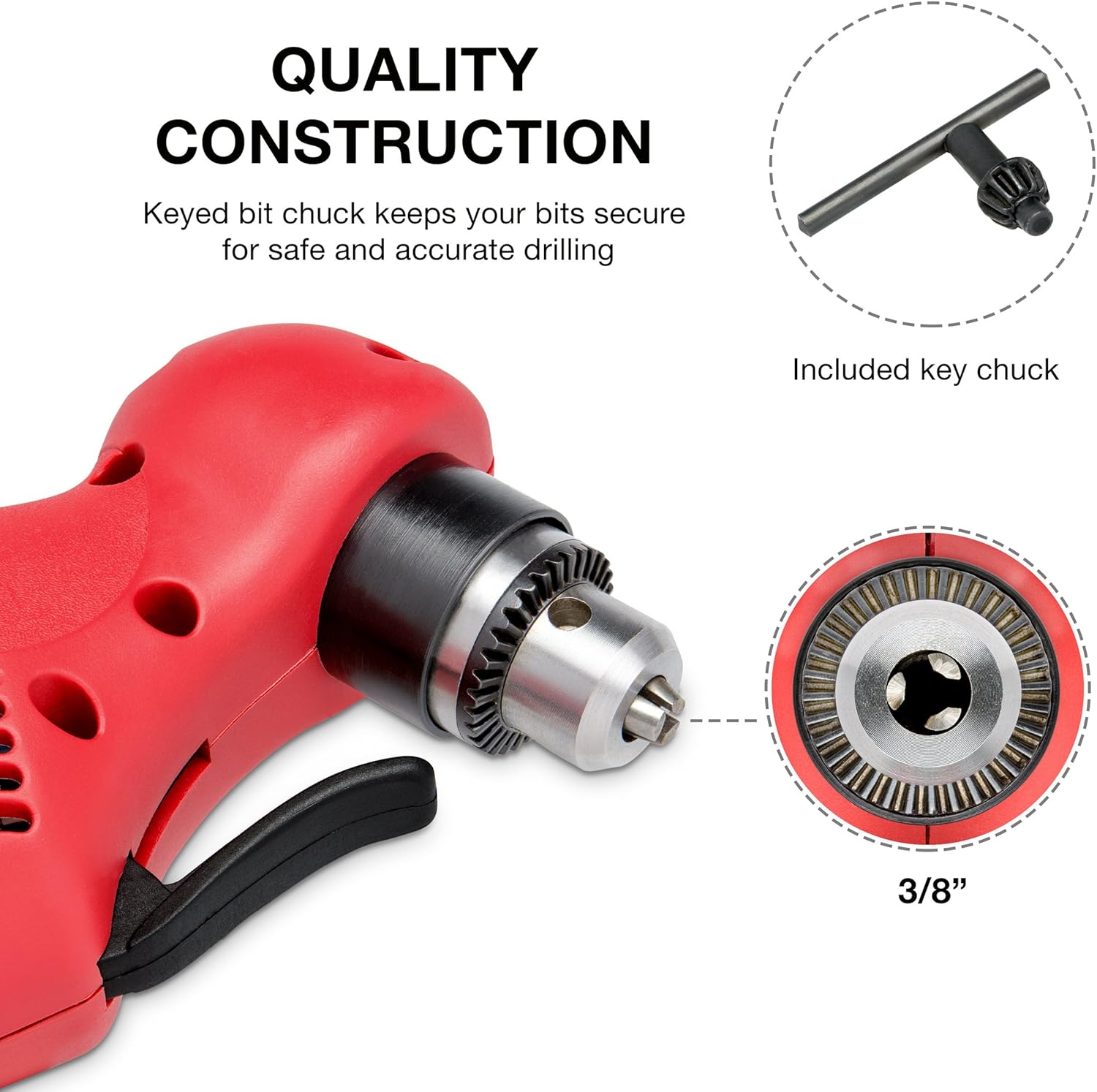 Close-up of the NEIKO drill's 3/8-inch keyed chuck and included chuck key