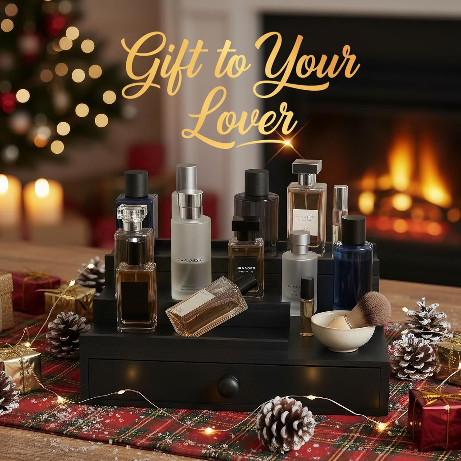 Cologne Organizer for Men,Solid Wood Cologne Stand with Drawer and Hidden Compartments, Nightstand Organizer,Dresser Drawer Organizers,Organizador de Perfumes,Perfume Stand Organizer for Bedroom,Black