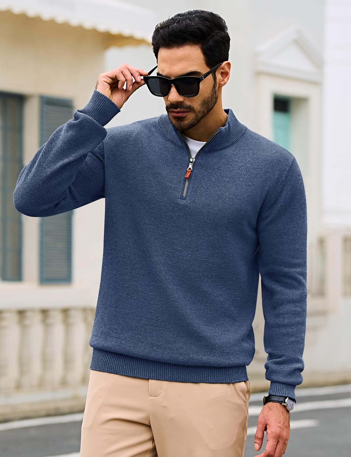 Cotrasen Mens Sweater Quarter Zip Pullover Casual Knit Cotton Long Sleeve Mock Neck Polo Sweaters - Image 3