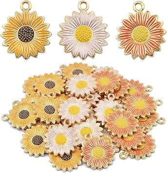 30 Pieces Alloy Enamel Sun Flower Shape Charms Lovely Daisy Flower Sunflower Dangle Pendants Craft Supplies for DIY Necklace Bracelet Earrings Jewelry Making, 3 Colors