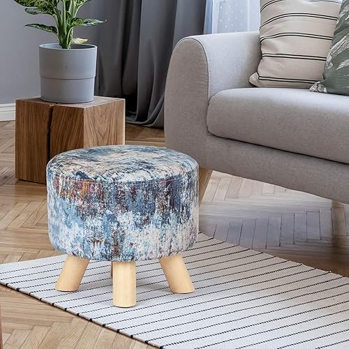 Miniatura 4 de Homebeez Taburete redondo otomano de terciopelo para reposapiés, banco pequeño para zapatos con patas de madera antideslizantes (lienzo colorido)