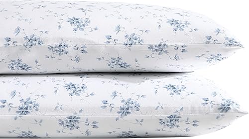 Laura Ashley - Juego de fundas de almohada, ropa de cama de satén de algodón suave y resistente a las arrugas, 2 fundas de almohada (azul musa