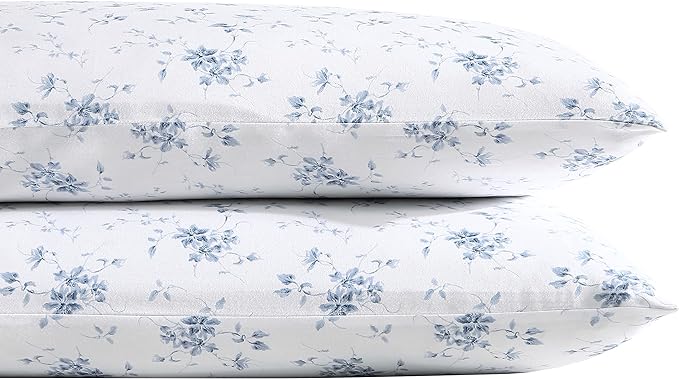 Laura Ashley Home - Standard Pillowcase Set, Cotton Sateen Bedding, Smooth & Wrinkle-Resistant (Garden Muse Blue, 2 Piece)