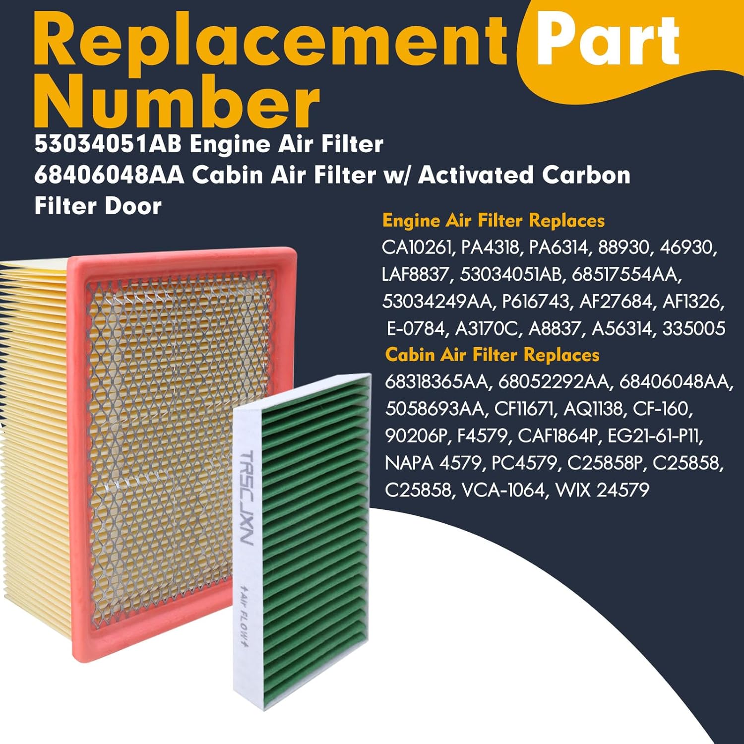 53034051AB Engine Air Filter& 68406048AA Cabin Air Filter w/Activated Carbon & Filter Door for Dodge Ram 1500 2500 3500 4500 5500, for Journey Avenger Compass Patriot Caliber Chrysler 200 (2007–2023)