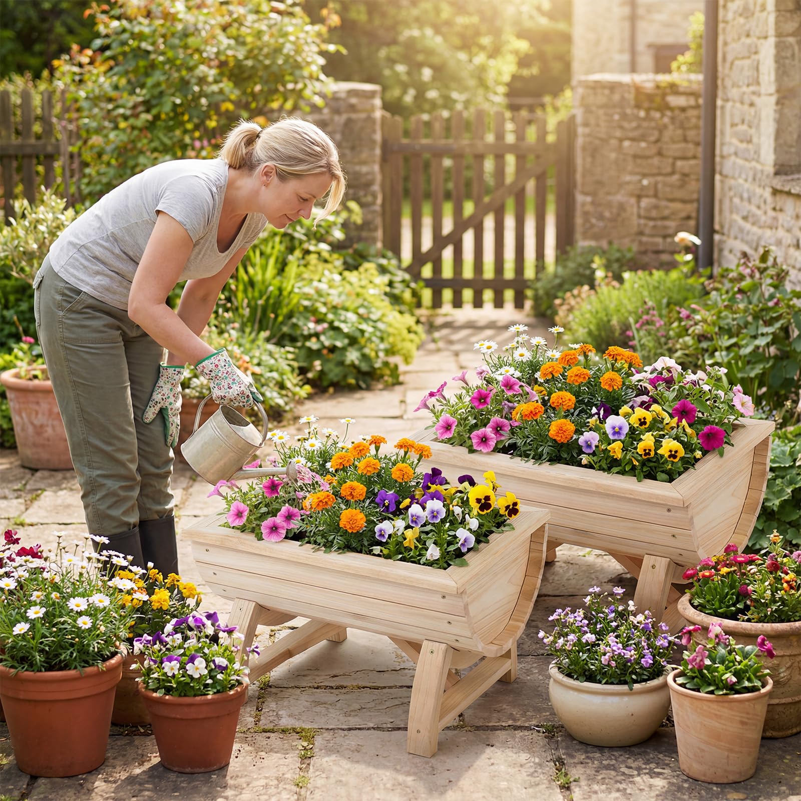 COSTWAY 2er Set Blumenkasten, Hochbeet aus Holz, halbes Blumenfass, Pflanzkasten mit Entwässerungsloch & Beinen, Pflanzfass Blumentopf Tannenholz, Gartendeko Outdoor, 39 x 30 x 24 cm, Natur