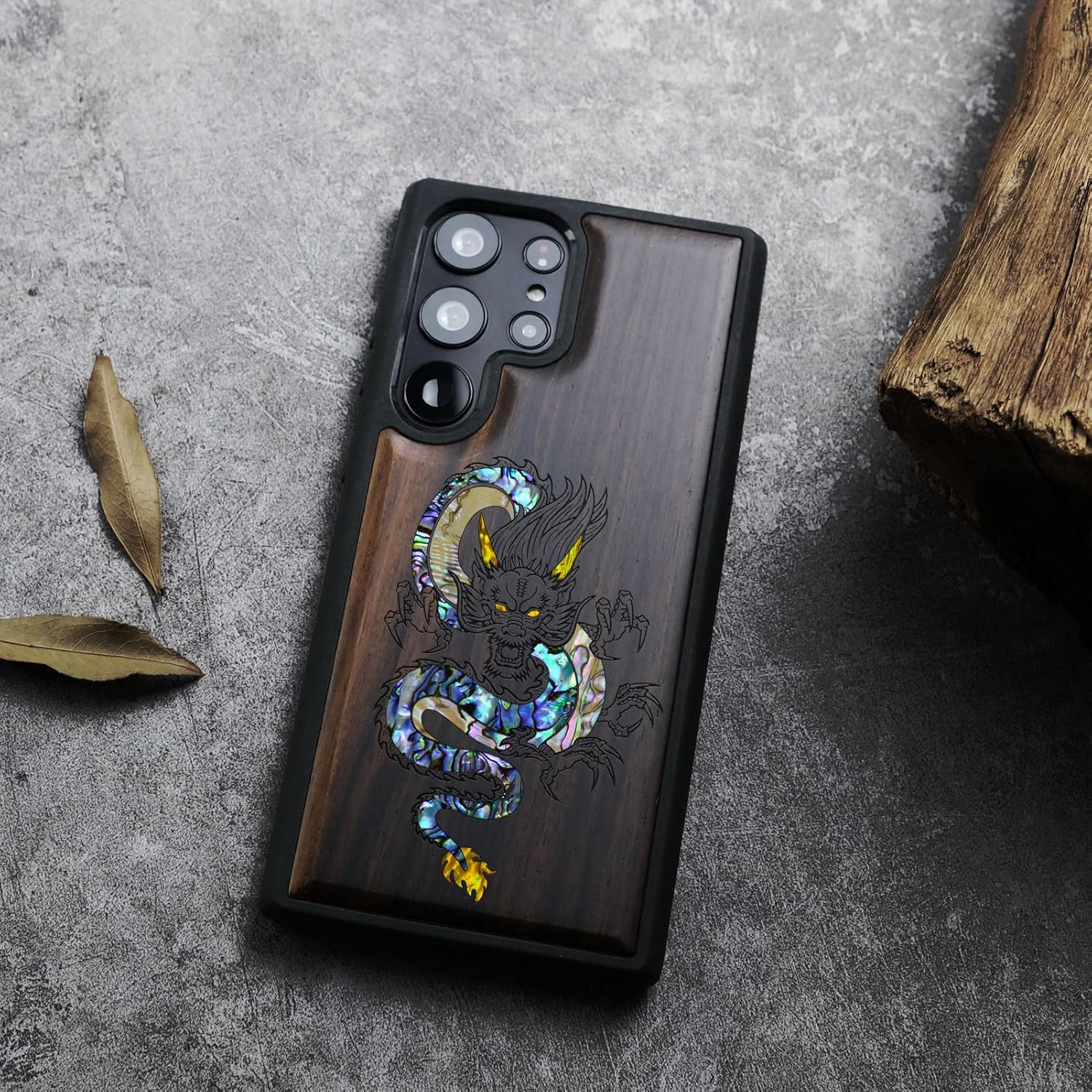 Carveit Designer Wooden Case for Samsung Galaxy S24 Ultra Case [Wood Engraving & Shell Inlay] Compatible with Wireless Chargers S24 Ultra Cover (The Oriental Dragon-Blackwood)