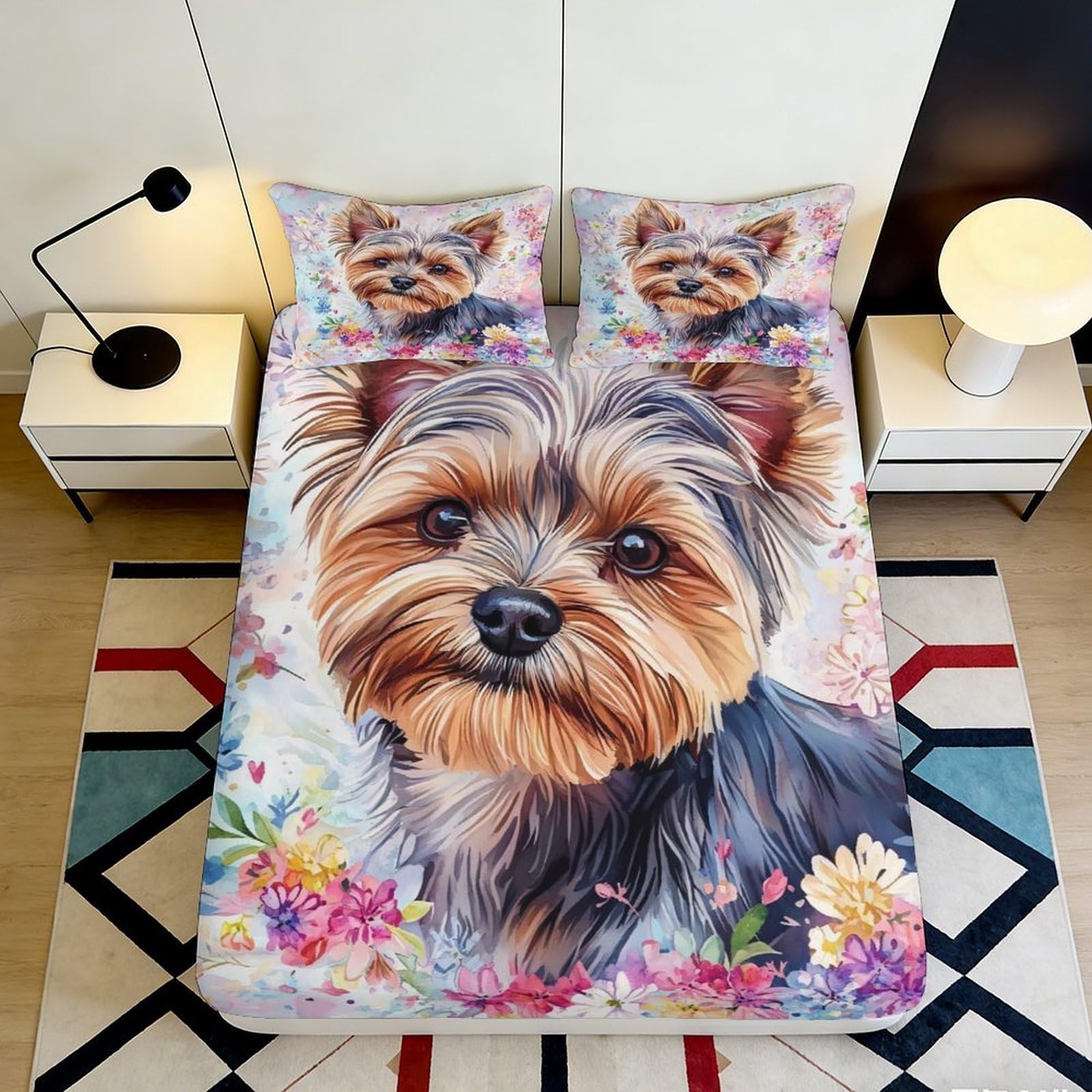 3D Printed Yorkshire Terrier Fitted Sheet Microfiber Soft Floral Dog Mattress Cover for Bedroom Guest Room Decor 120x200x25cm