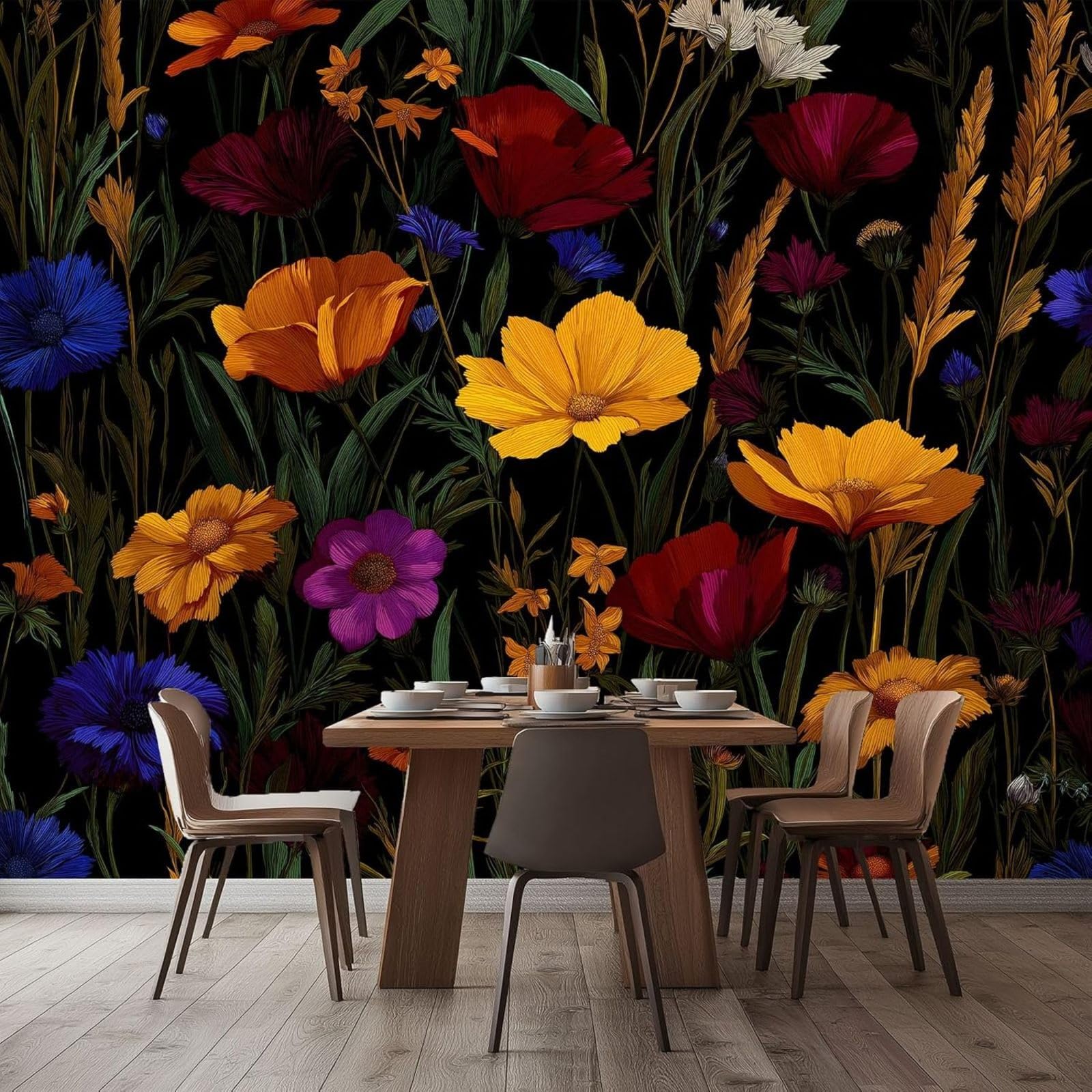 hgjdjhnf Wildflower Landscape Wall Mural Black Wallpaper for Living Room Bedroom Office Hallway Wall Decor for Teen Room 200cm x 140cm