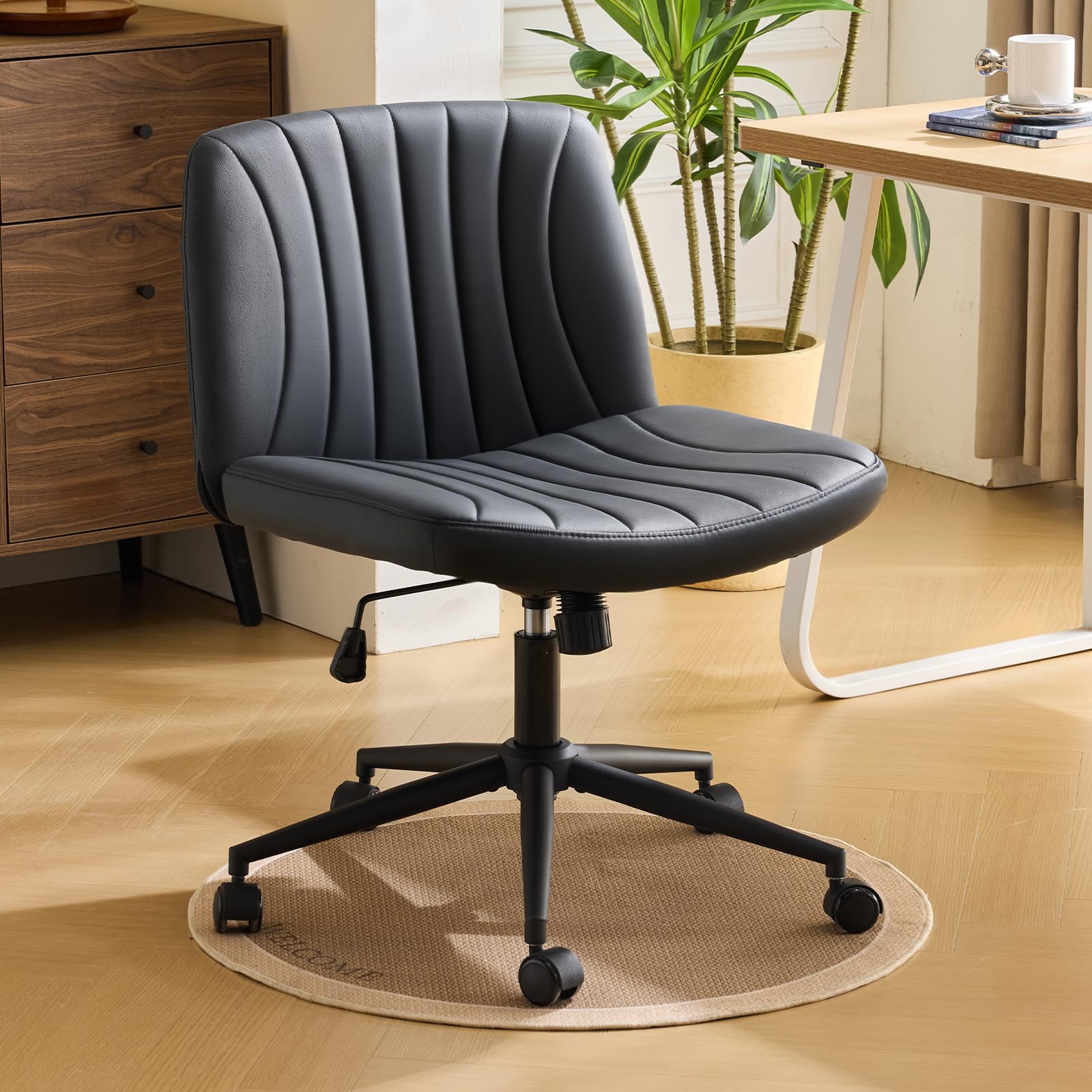 Bonnlo Criss Cross Legged Thick Padded Armless Comfy Office Desk Chair with Dual-Purpose Base,Adjustable Swivel Modern Vanity Chair,Rolling for Home Office, Computer,Task,Makeup, PU, Black
