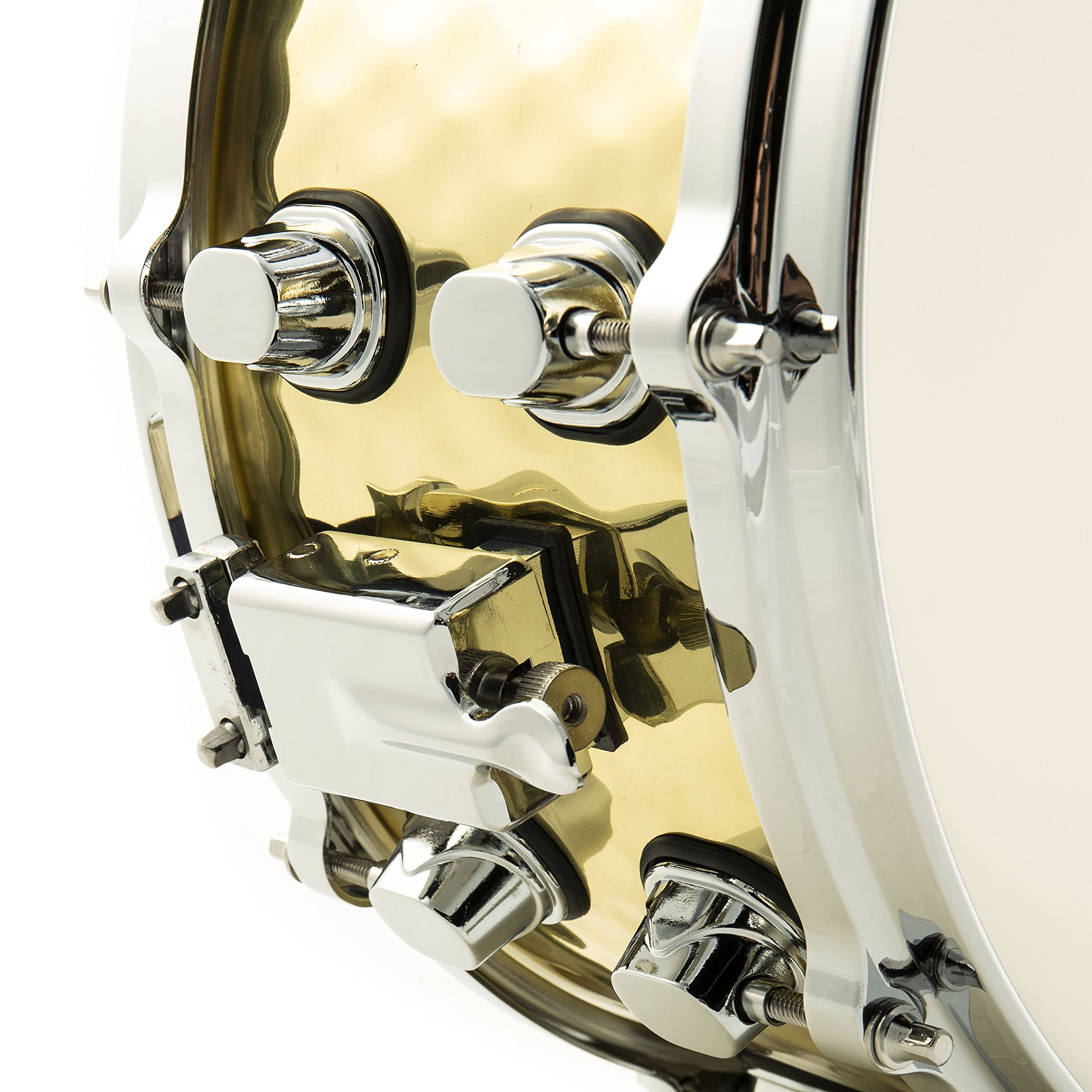 Fame FSB-65 Hammered Brass Snare Drum, 14"x6.5", Professionelle Qualität, Gehämmerter Messing Kessel, 10 Stimmschrauben, Gußspannreifen, Inklusive Drum Sticks, Gold"
