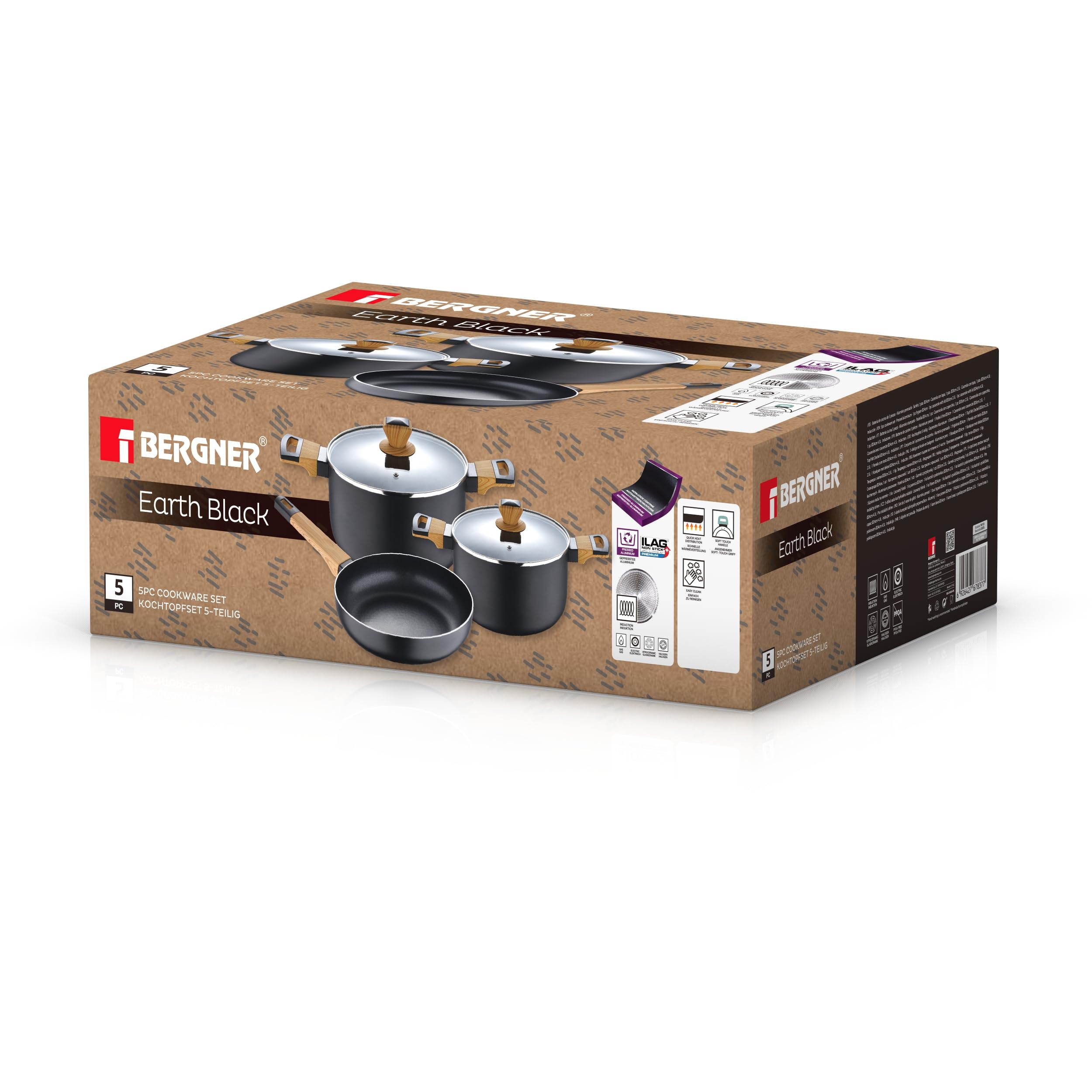 BERGNER Batteria di pentole 5pz in alluminio per induzione linea Earth Black - Testata e approvata da Gianfranco Vissani