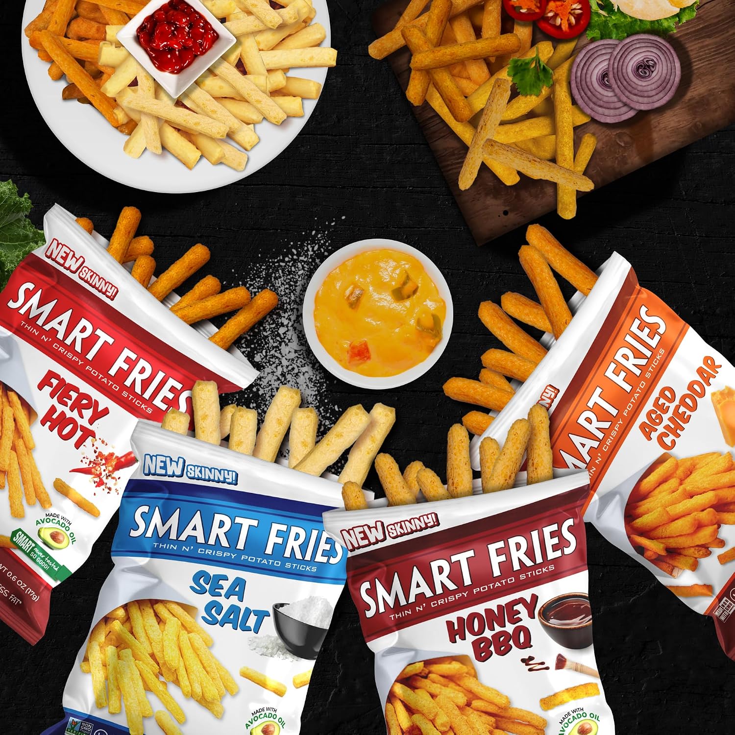 Skinny Smart Fries- Air Popped Potato French Fries, Potato Sticks Individual Bags, Low Calorie Fry Chips, Gluten Free, Sea Salt, Honey BBQ, Cheddar, Fiery Hot - 0.6 oz Bags (Bulk 24 Pack)