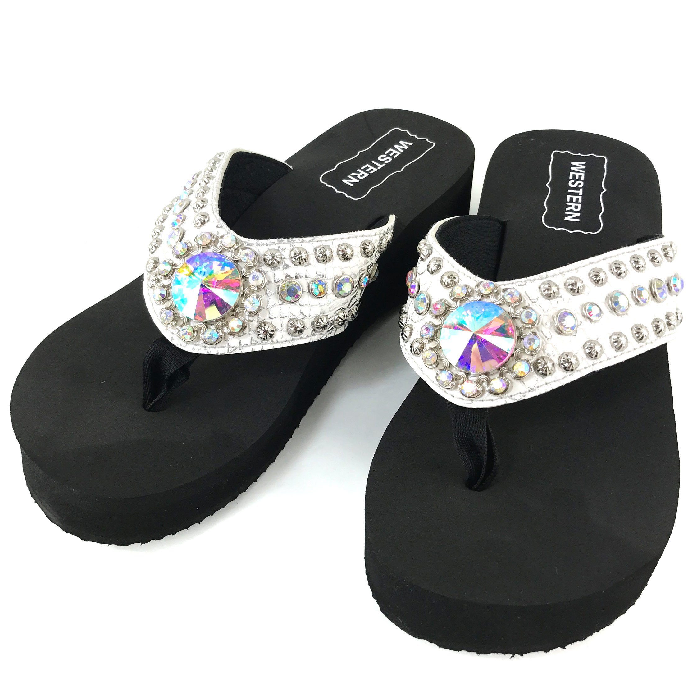 Western Peak Women's White PU Leather AB Gemstone and Rhinestone Flip Flop Sandals