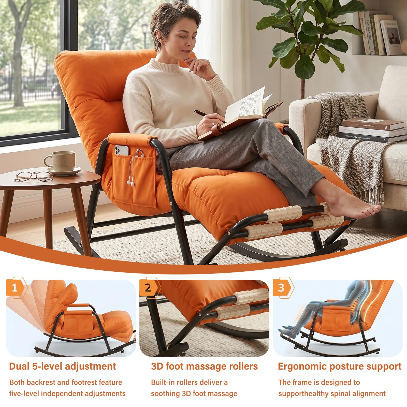 Fauteuil à Bascule Ergonomique, Rocking Chair Allaitement Silencieux avec Dossier et Repose-Jambes Réglables (5 Positions) et Repose-Pieds Massant, Chaise Relax en Cuir Anti-rayures, 150kg (Orange)