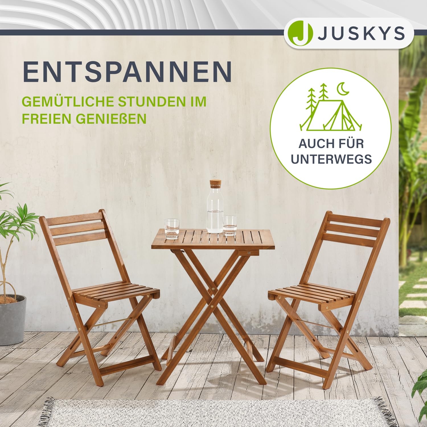 Juskys Balkonmöbel Set Bala - Sitzgruppe 3 teilig aus Holz für 2 Personen, klappbar, platzsparend - Gartenmöbel Tisch Stühle Balkonset Klappstuhl