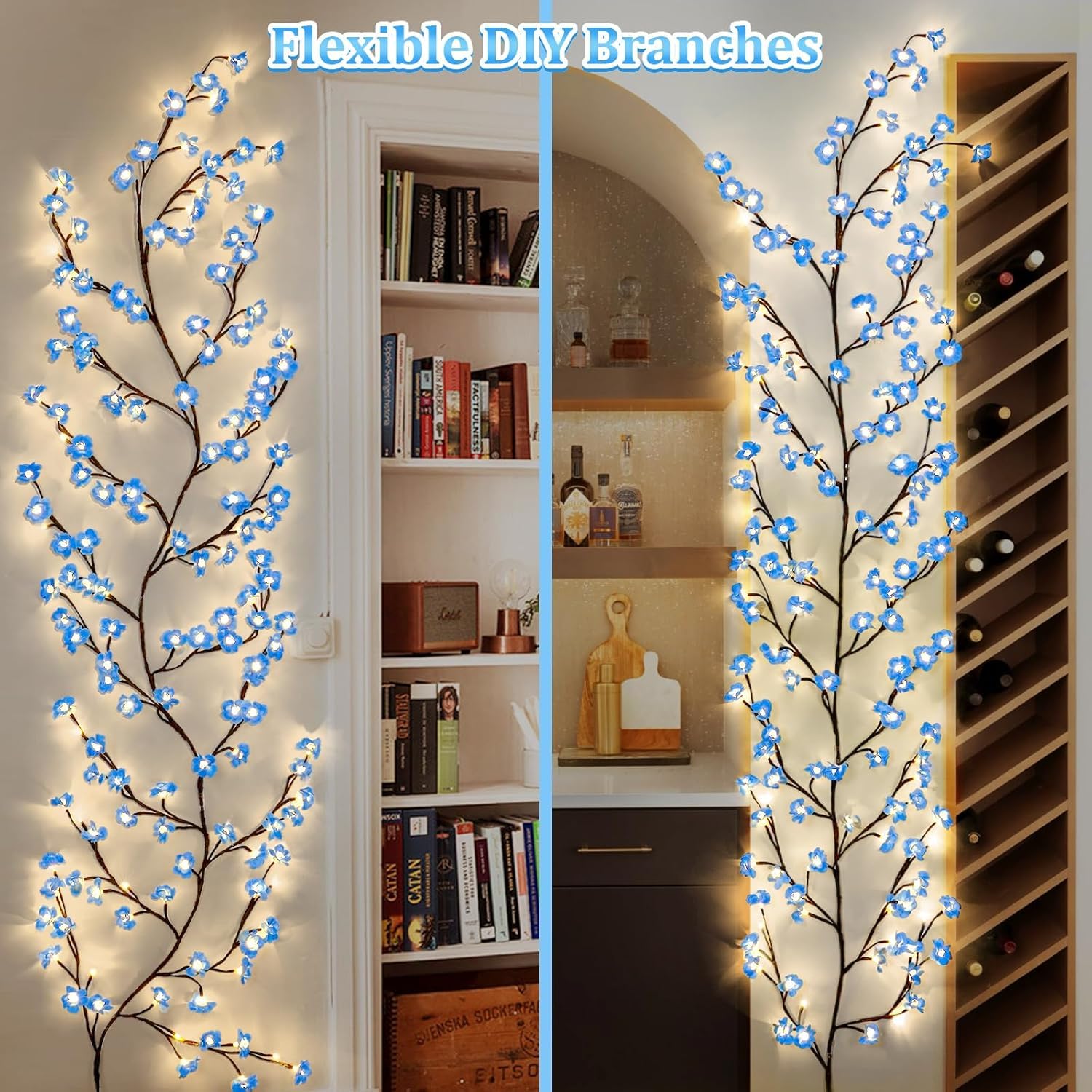 gresonic Leichte Kette, Rosa, Dekoration, USB, Weidenrebe mit Fernbedienung, 8 Modi, Zweig, Rosa, für Wein, Dekoration, Schlafzimmer, acht Dekoration (Blue Cherry Blossom 144 LED)