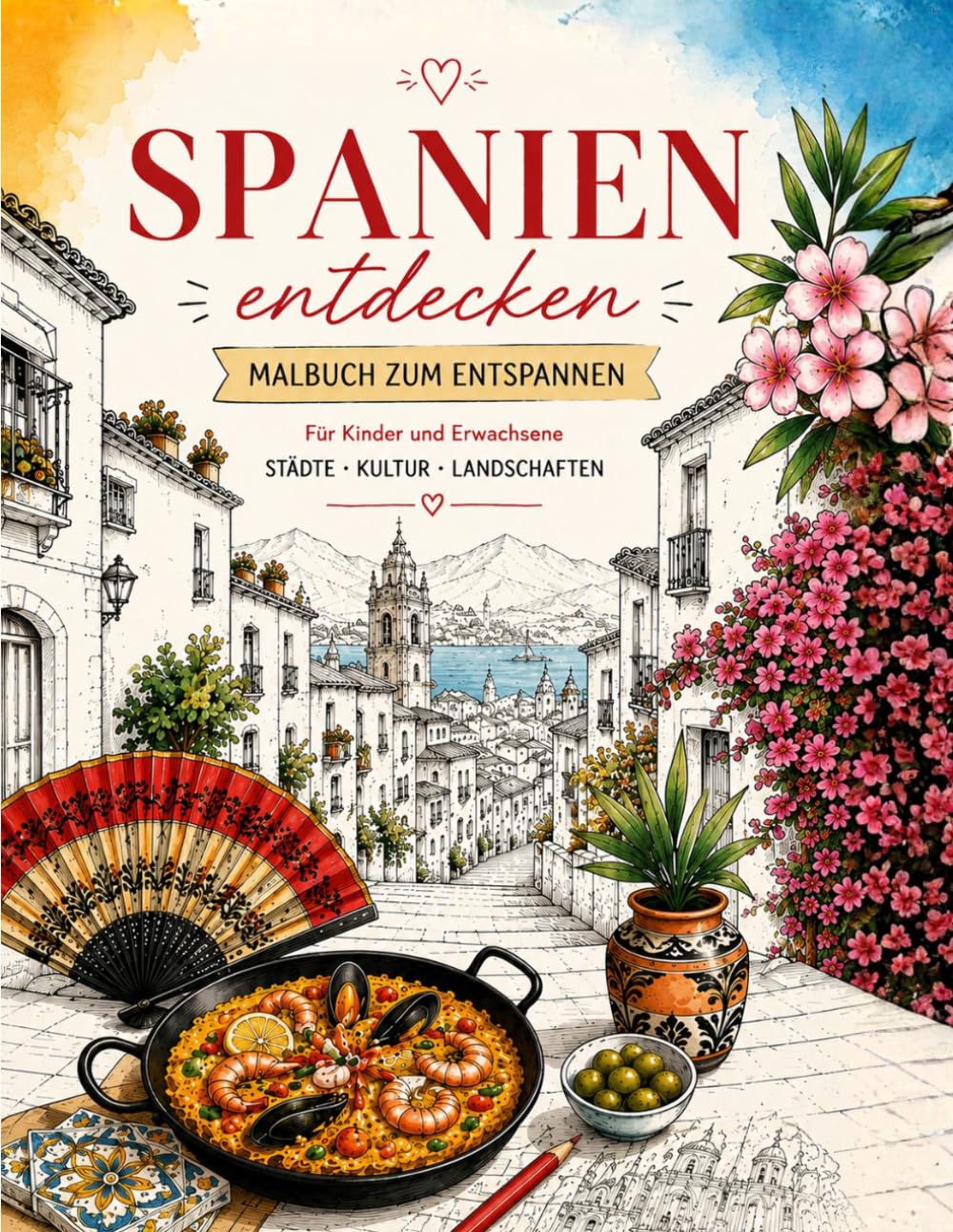 Spanien entdecken. Malbuch zum Entspannen: Ausmalbilder für Erwachsene und Kinder · Städte · Landschaften · Kultur