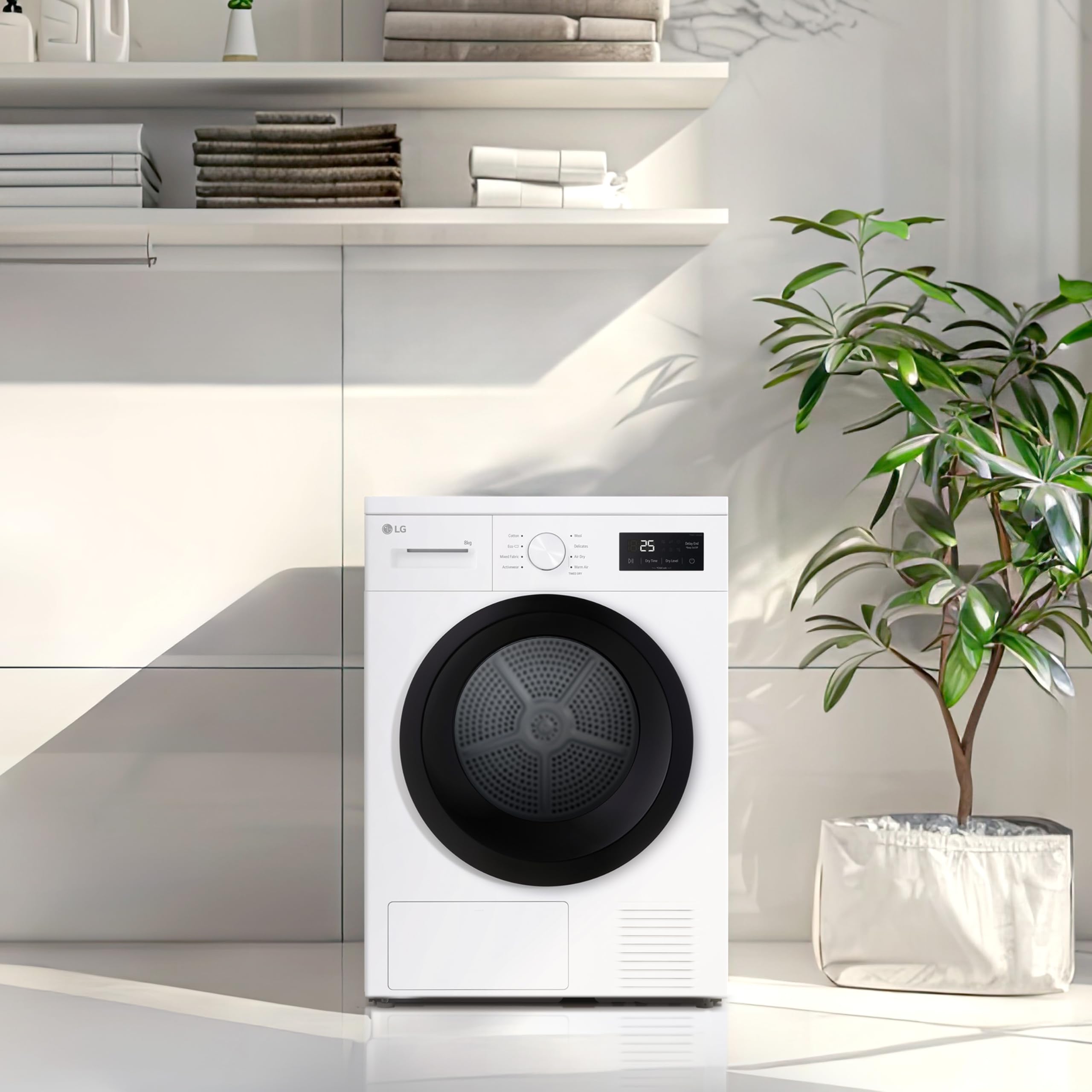 LG RNA1008NWK Asciugatrice Pompa di Calore 8 kg, Classe D, Asciugatura Delicata a Bassa Temperatura con Sensore, Serie A1, 8 Programmi, Cestello in Acciaio Galvanizzato, Bianco