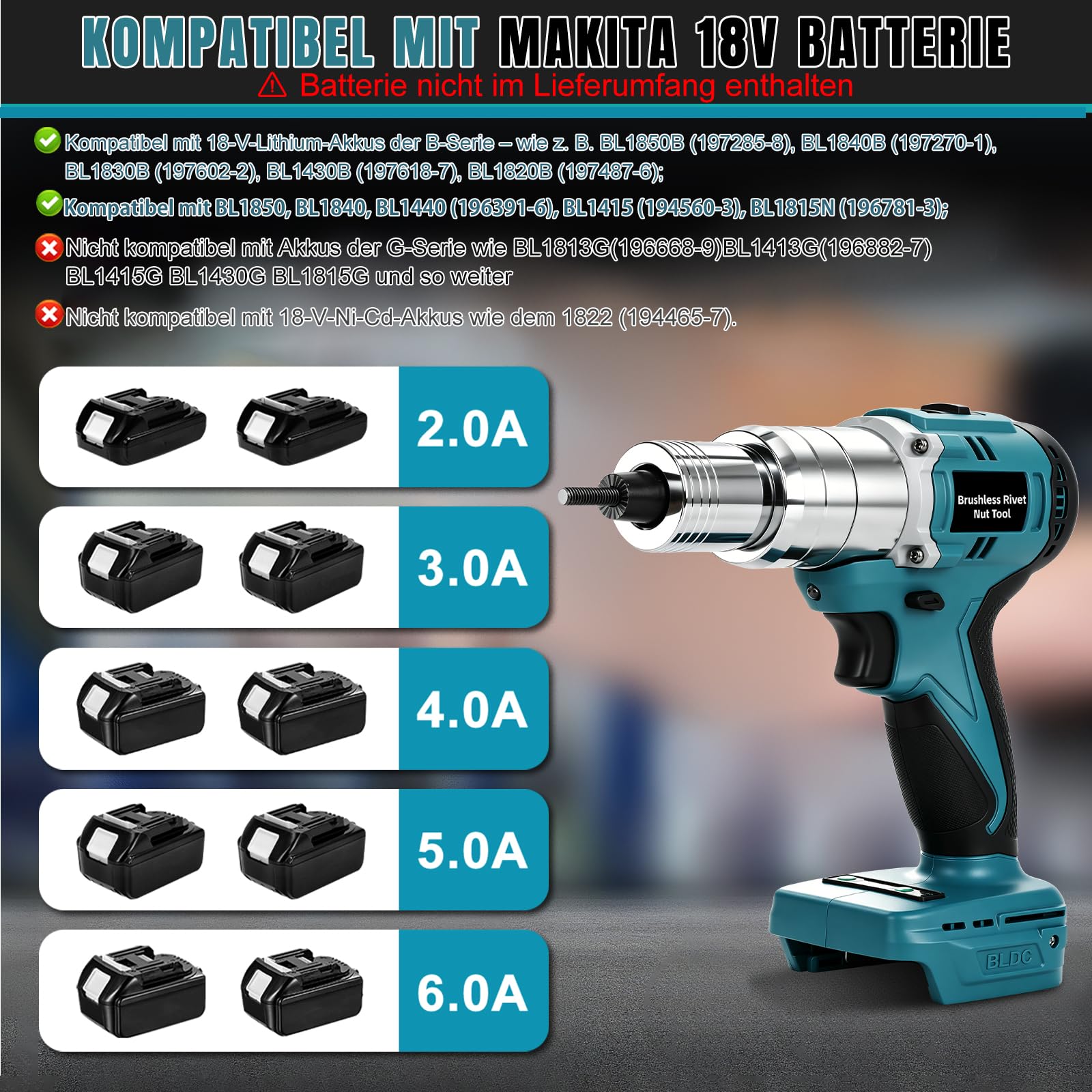 Elektryczny nitownik kompatybilny z akumulatorem Makita 18 V, silnik bezszczotkowy, siła ciągnąca 100 Nm, 600-2000 obr./min, do nakrętek M3-M10, 6 nitów i 30 drążków
