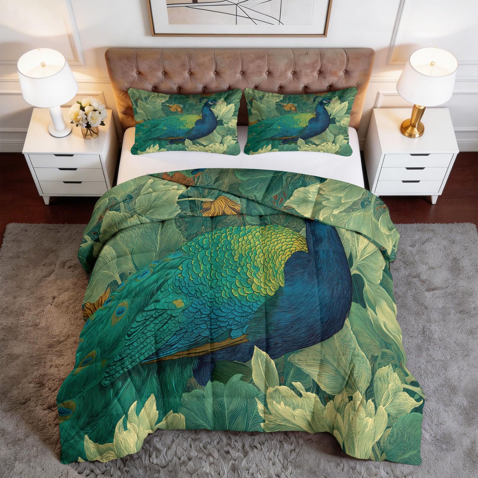 Piumino 4 Stagioni 150x200 cm Pavone Verde Trapunta Copriletto Imbottito Leggero in Microfibra Soffice, Trapuntino Stampa Reversibile Estate e Inverno